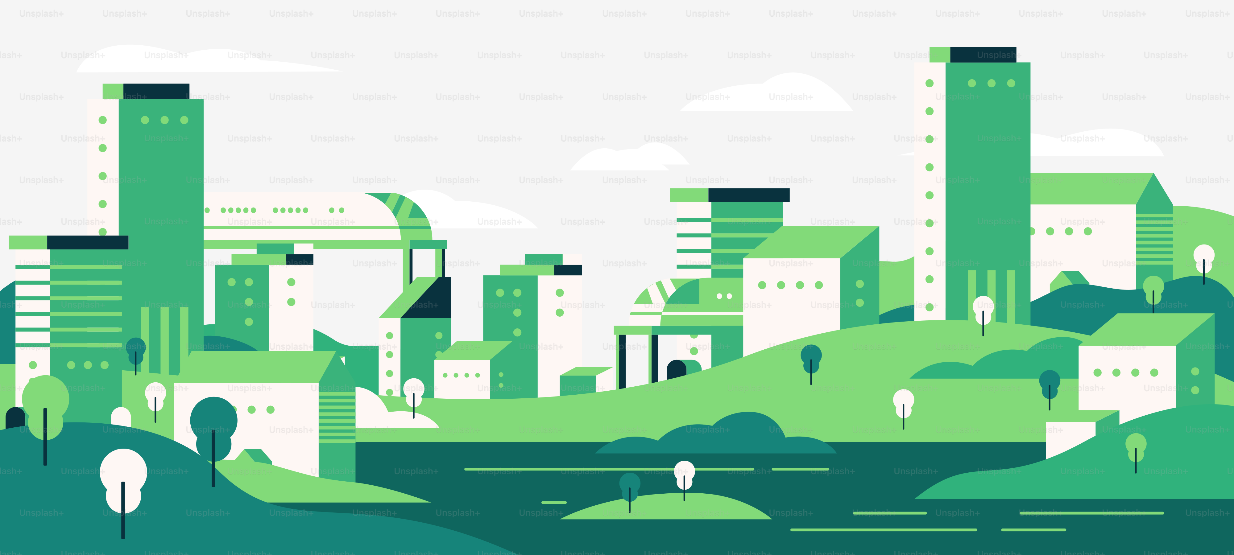A green city with tall buildings and trees