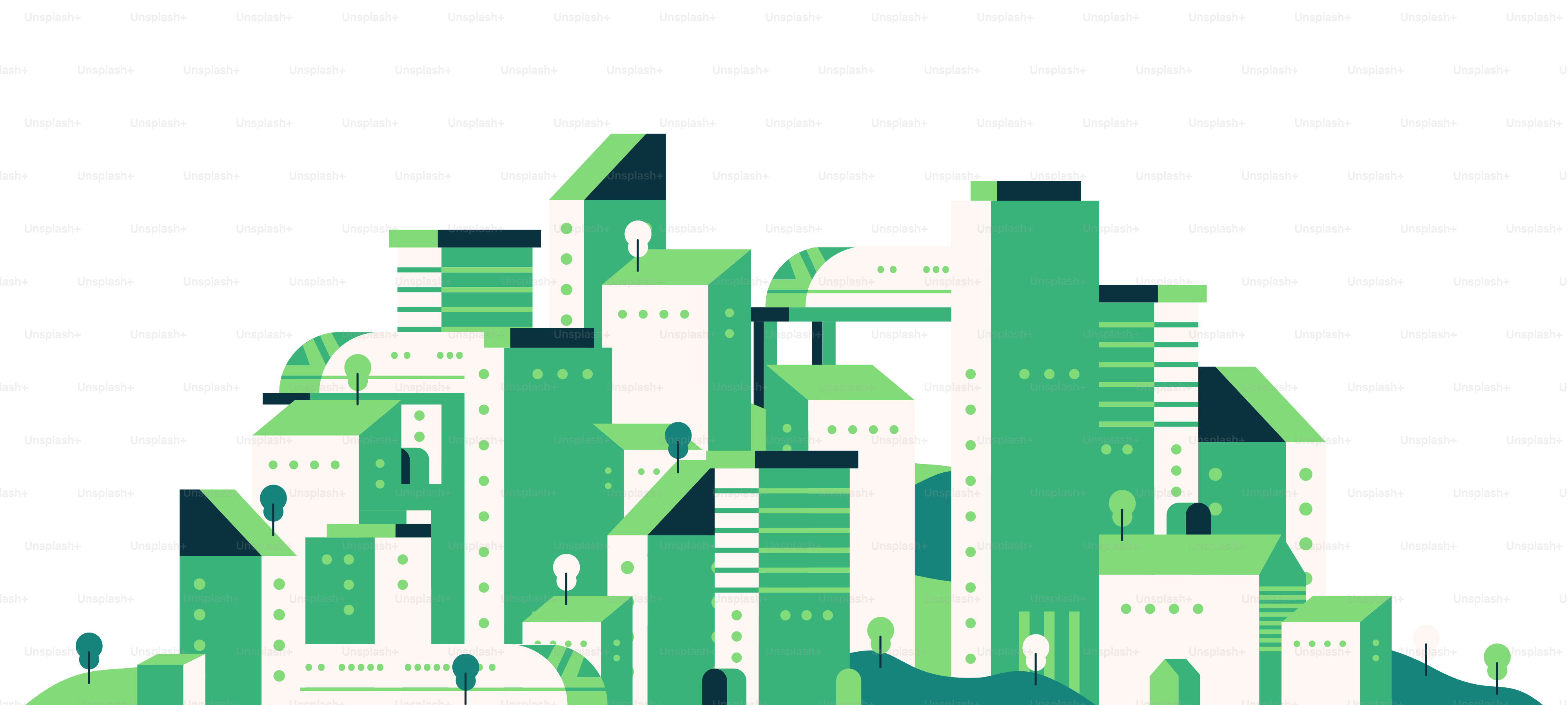 A green and white illustration of a city