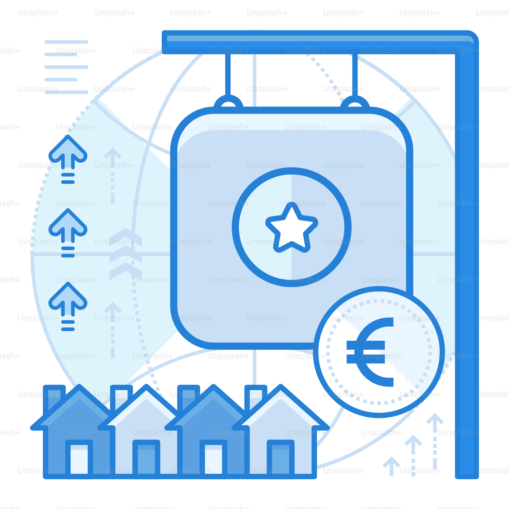 Ein blau-weißes Poster mit einem Bild eines Koffers