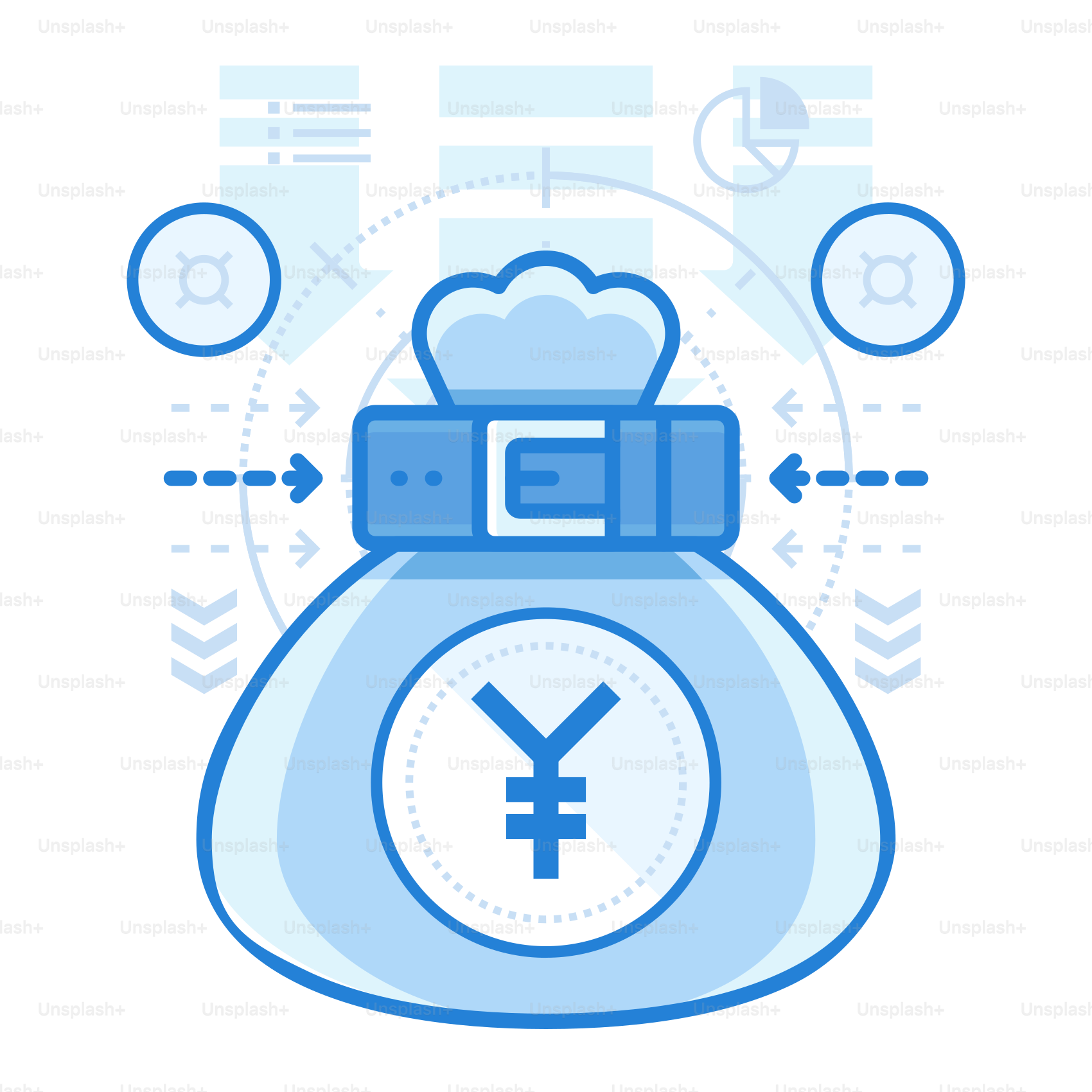 Une illustration bleue et blanche d’un sac à main avec un signe dollar dessus