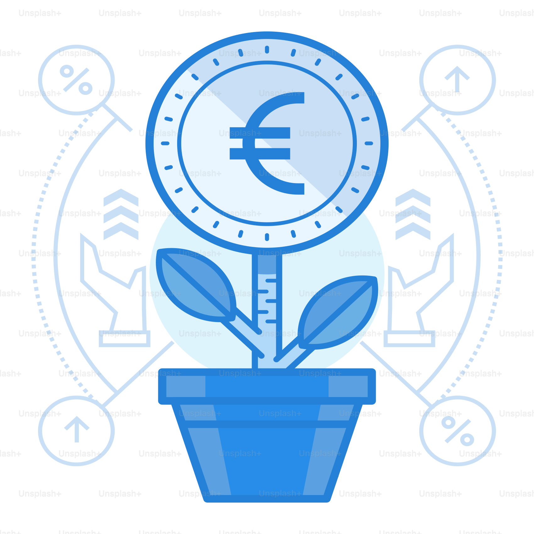 A blue potted plant with a euro sign on it