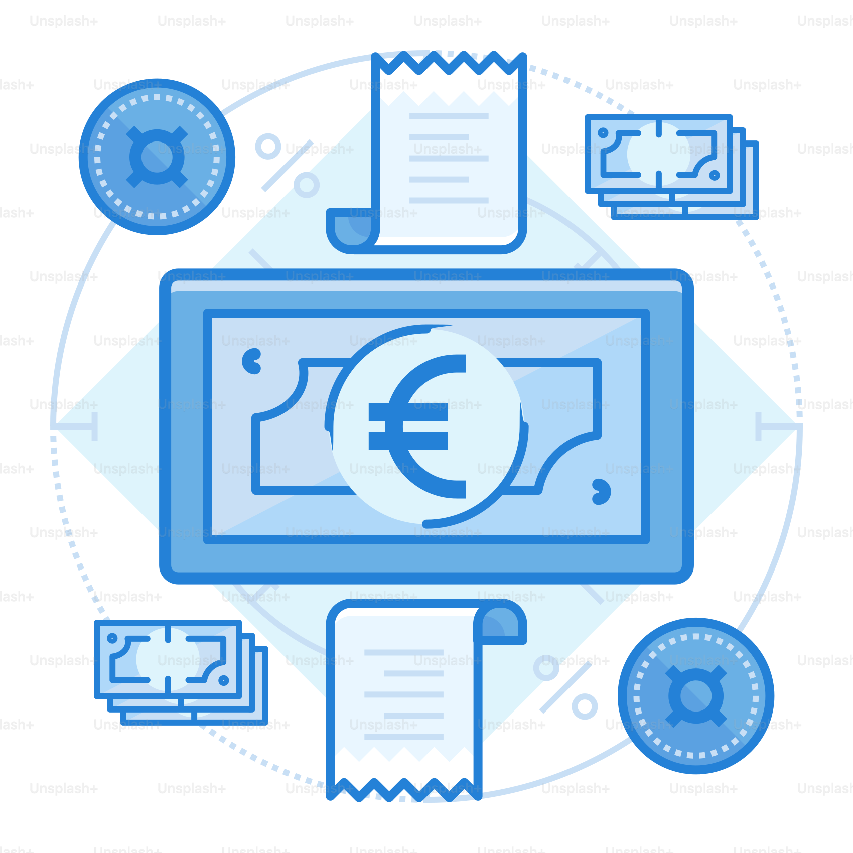 돈과 기타 아이템이 둘러싼 파란 아이콘