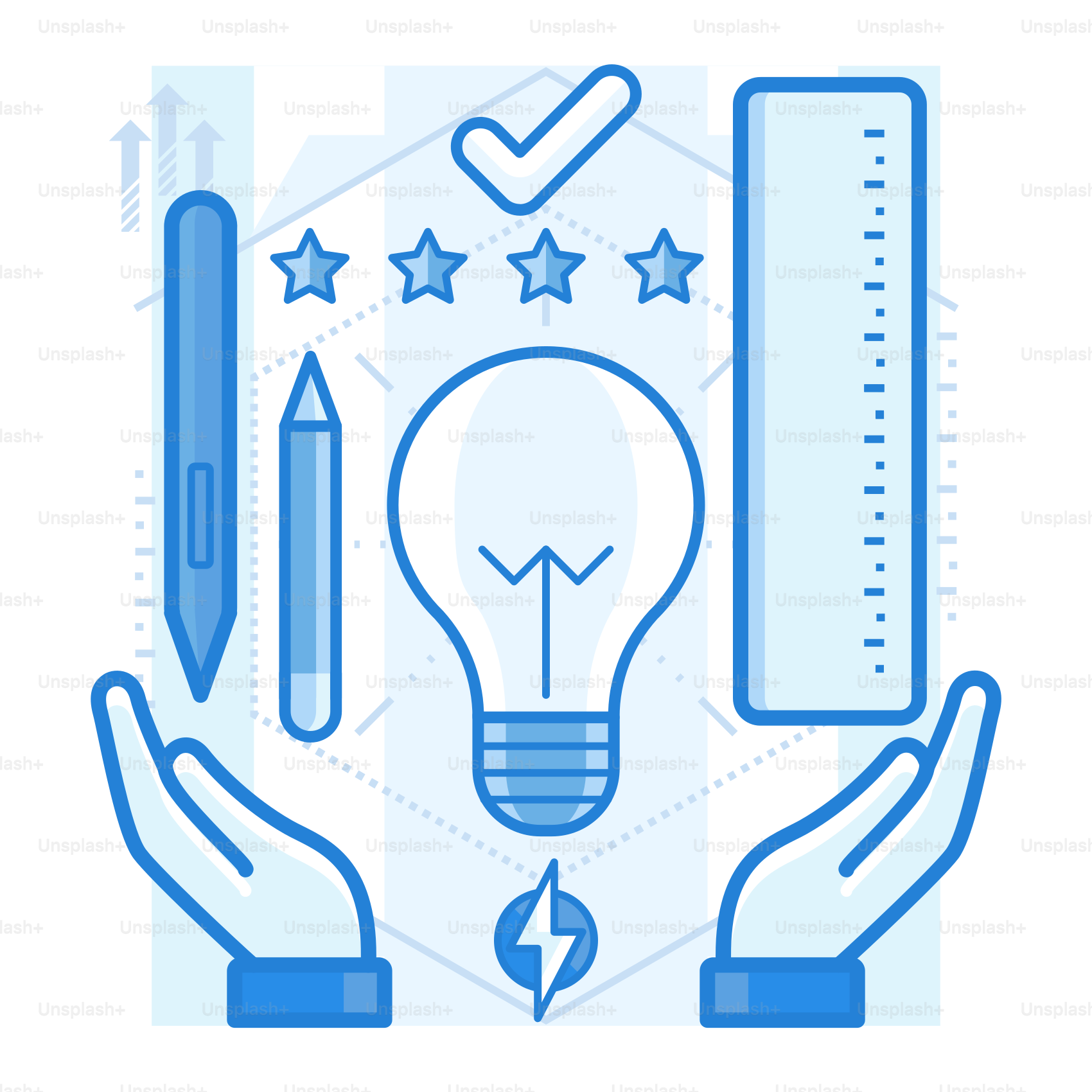 Two hands holding a light bulb and a pencil