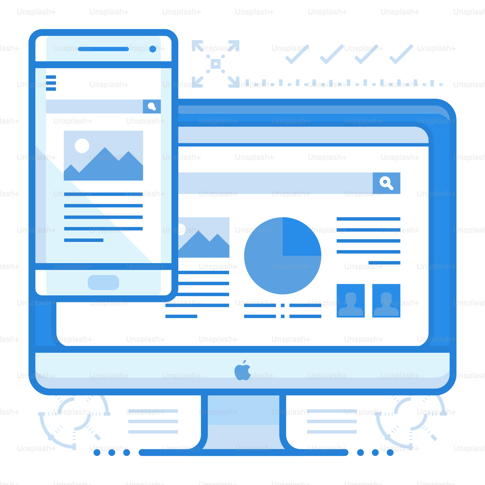 A computer and a tablet with a pie chart on the screen