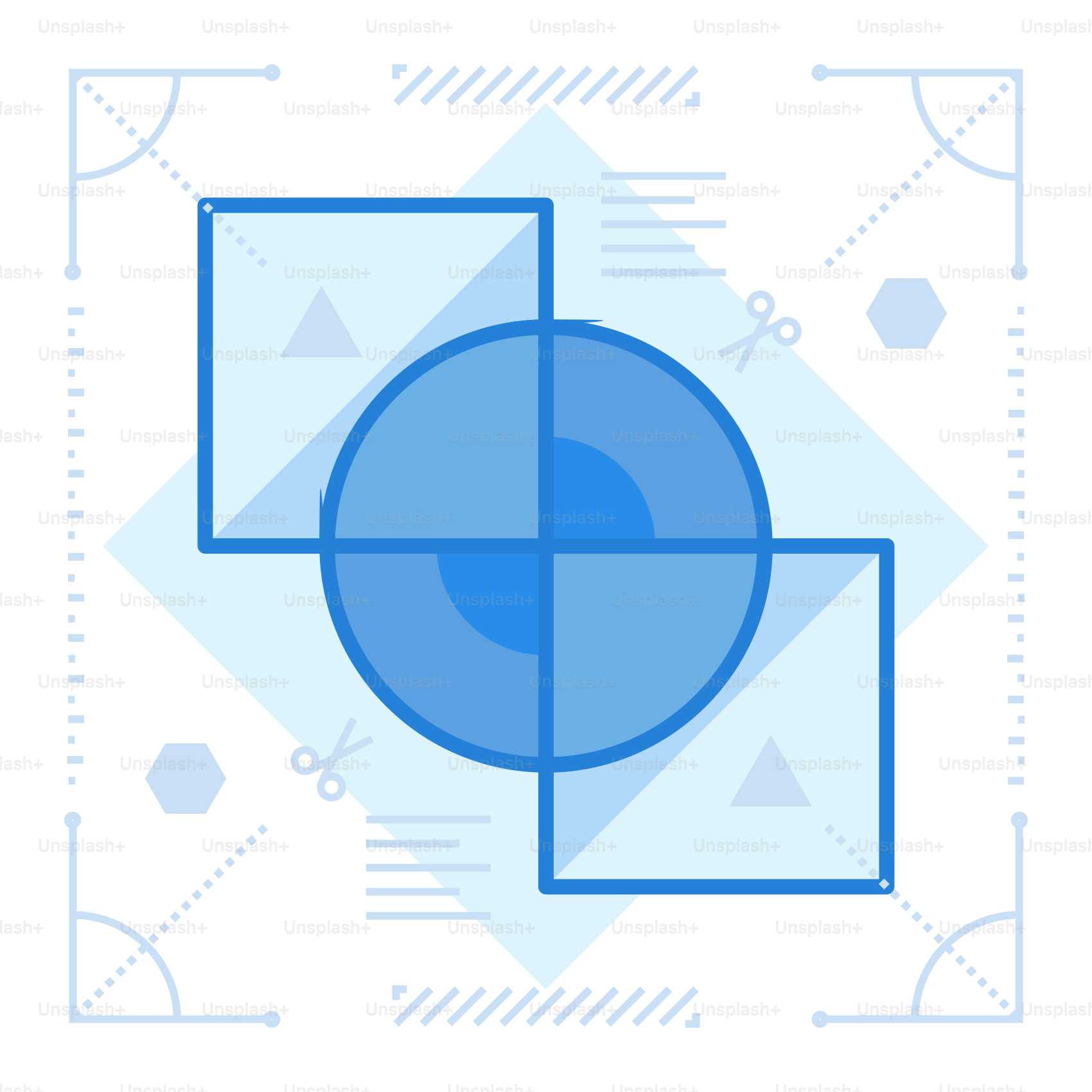 A blue and white square with a circle in the middle