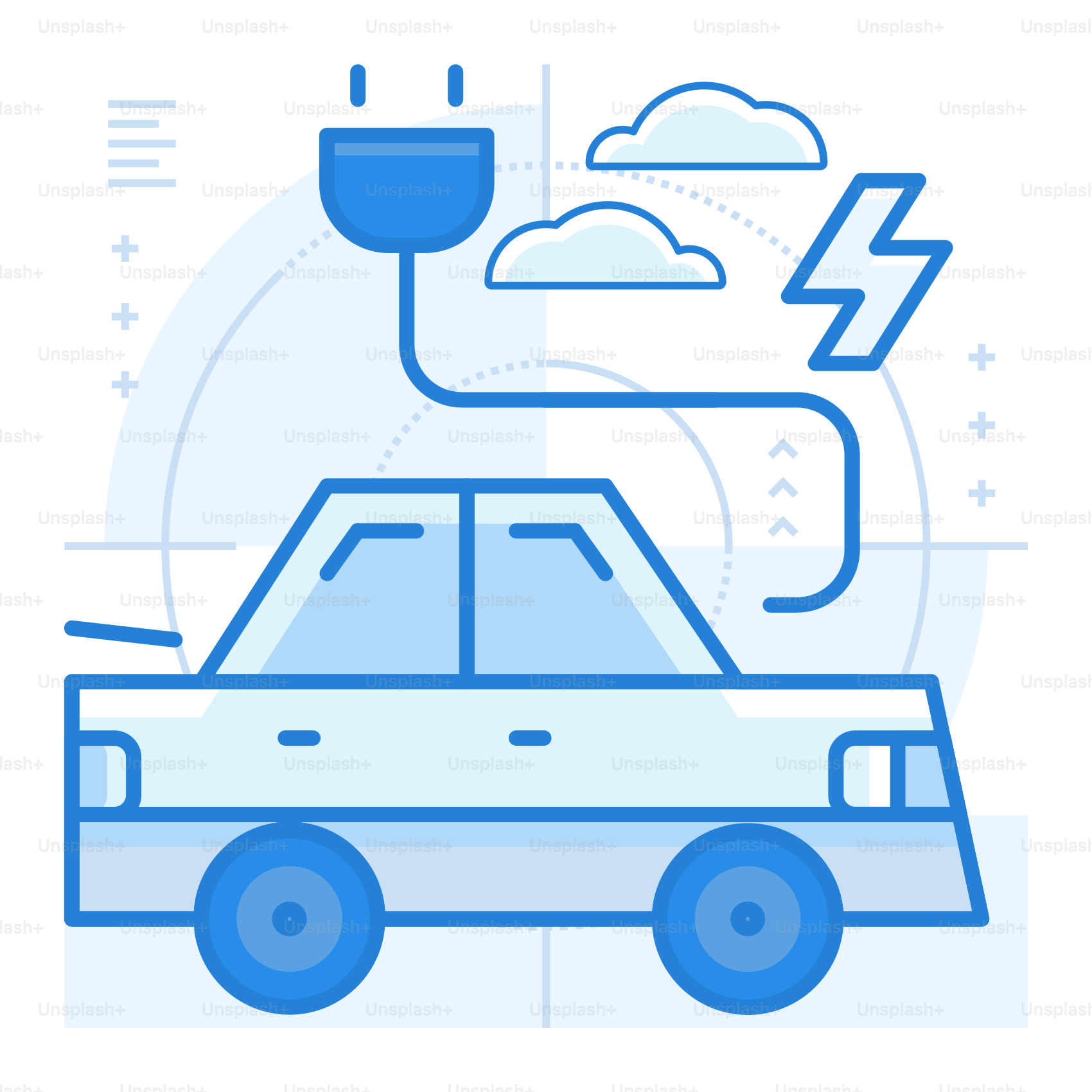 Un coche azul con una nube y relámpagos sobre él