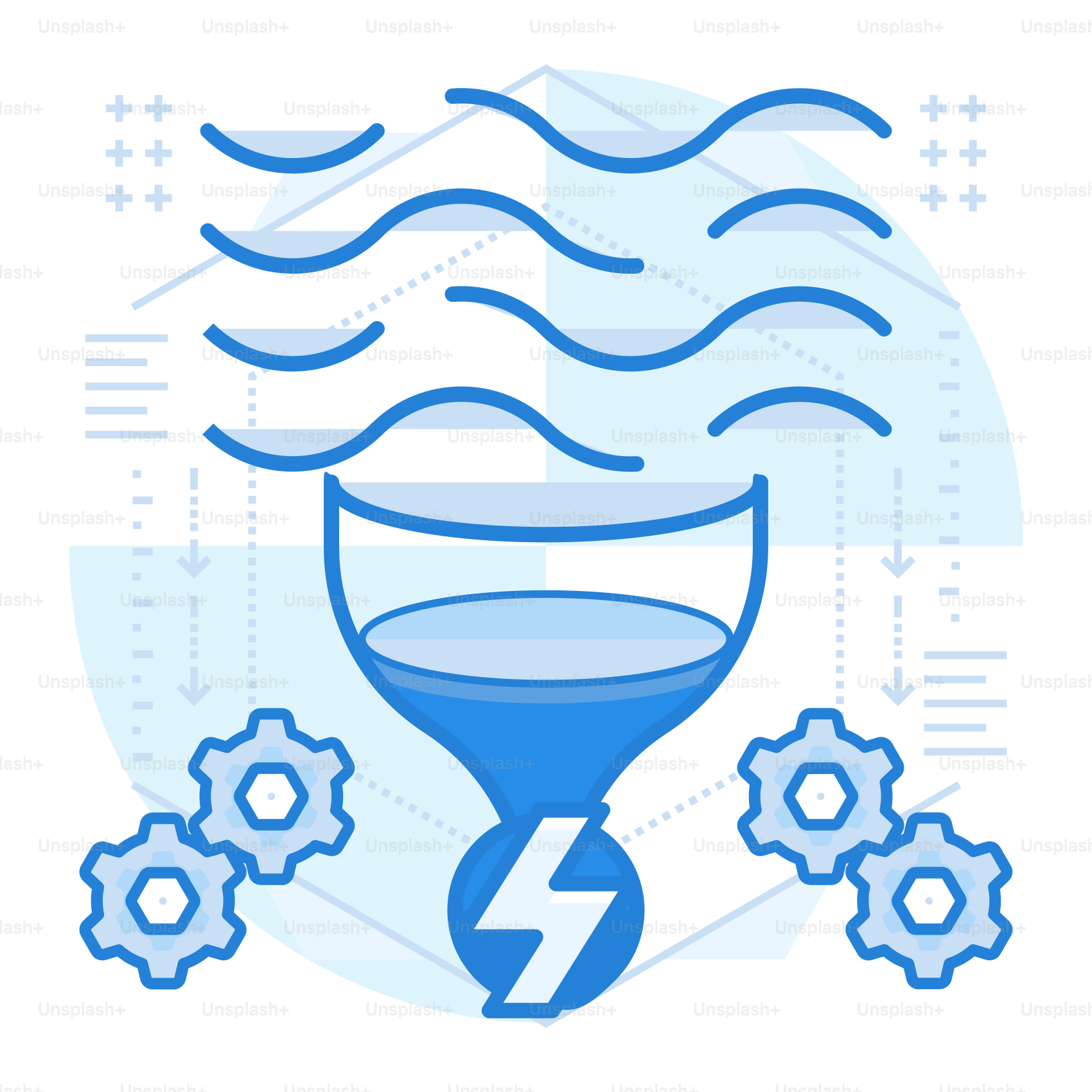 Un reloj de arena azul con engranajes y engranajes a su alrededor