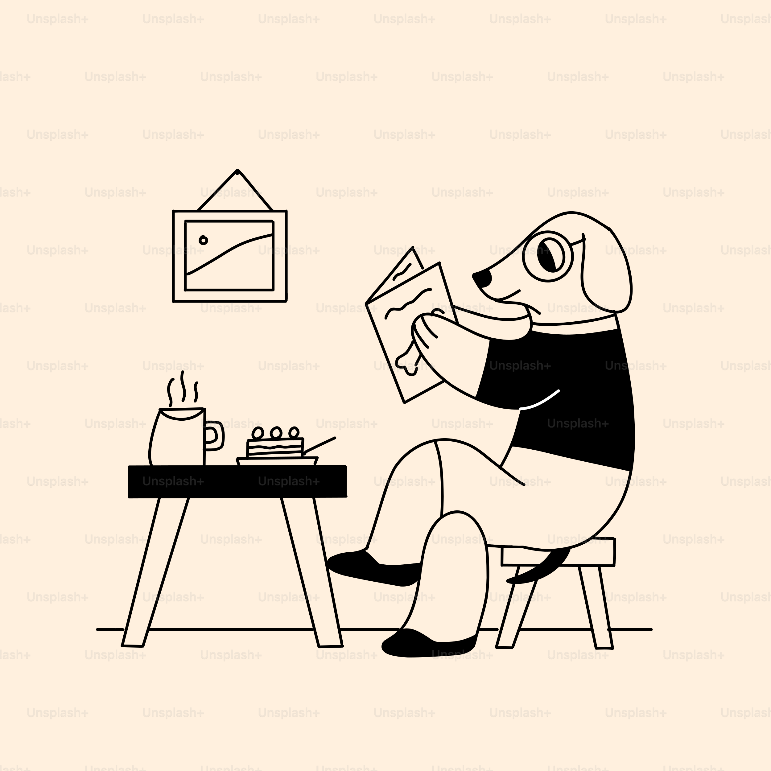 A drawing of a dog sitting at a table reading a book