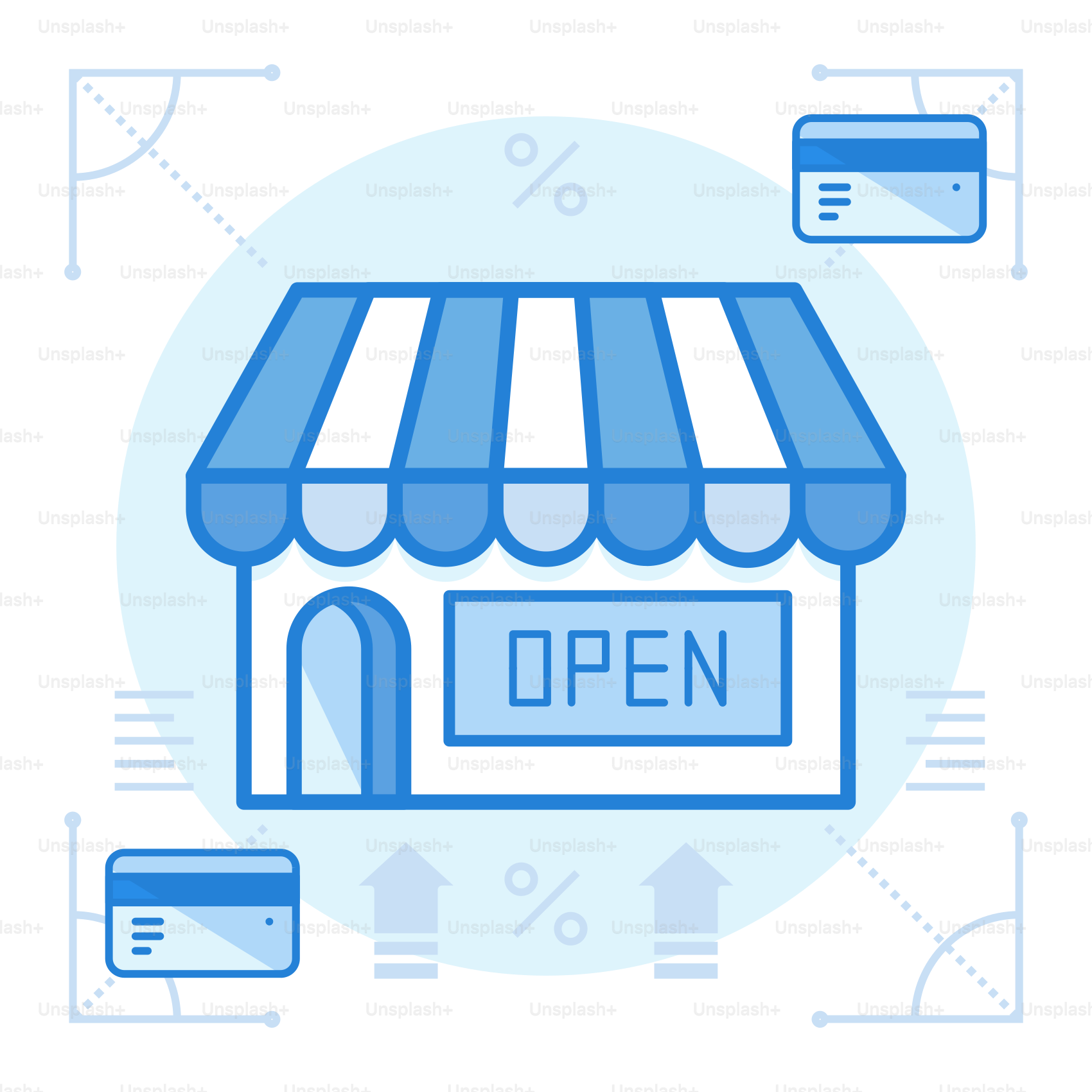 A storefront with a blue awning that says open