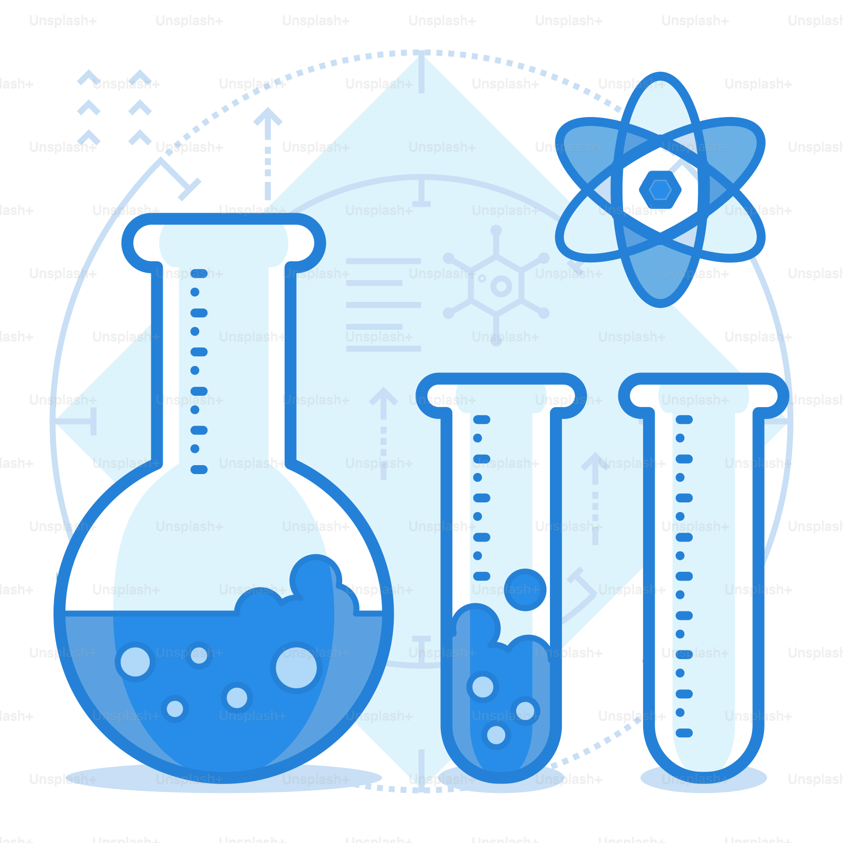 A blue and white poster with a beaky and flasks