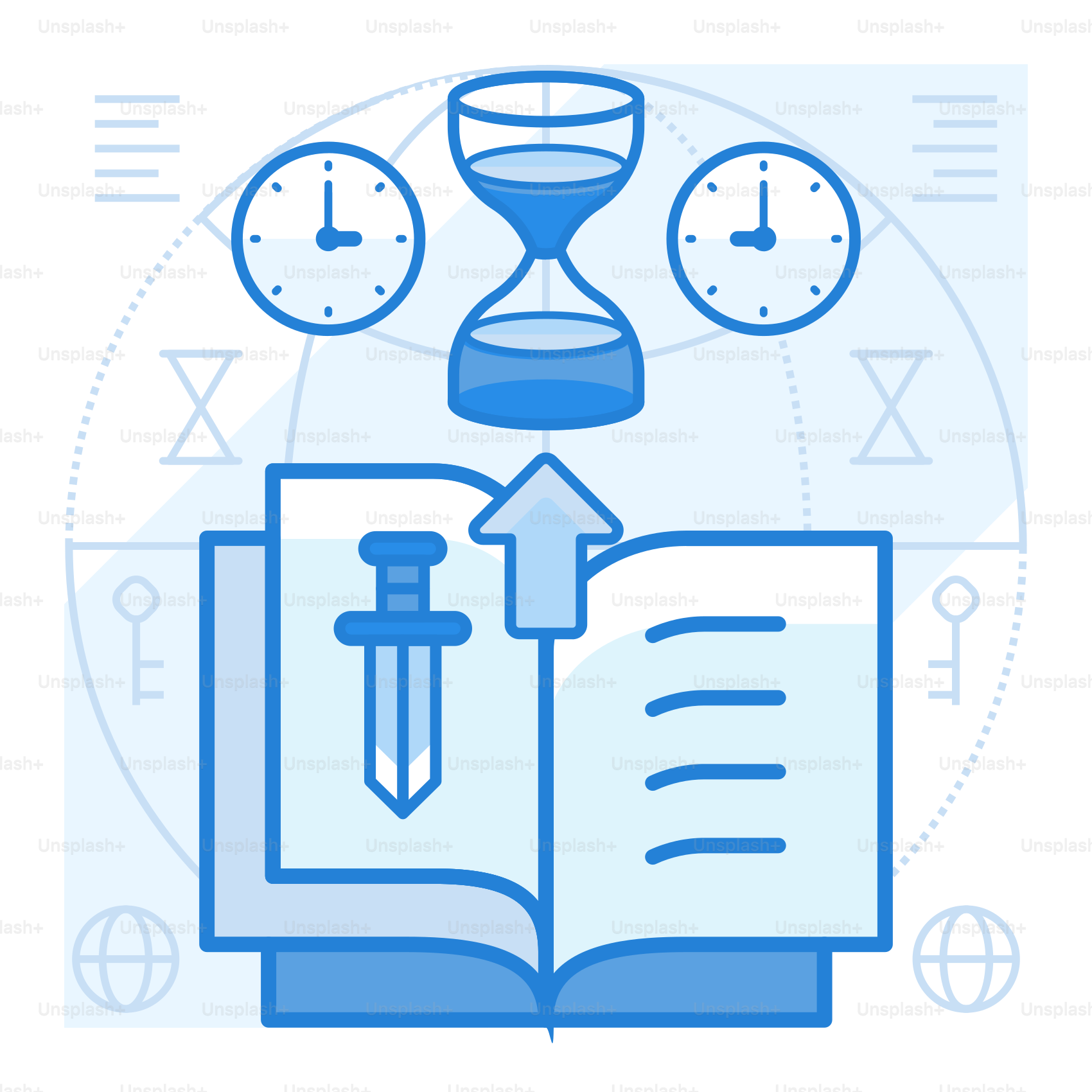 An open book with an hour and a pencil on top of it