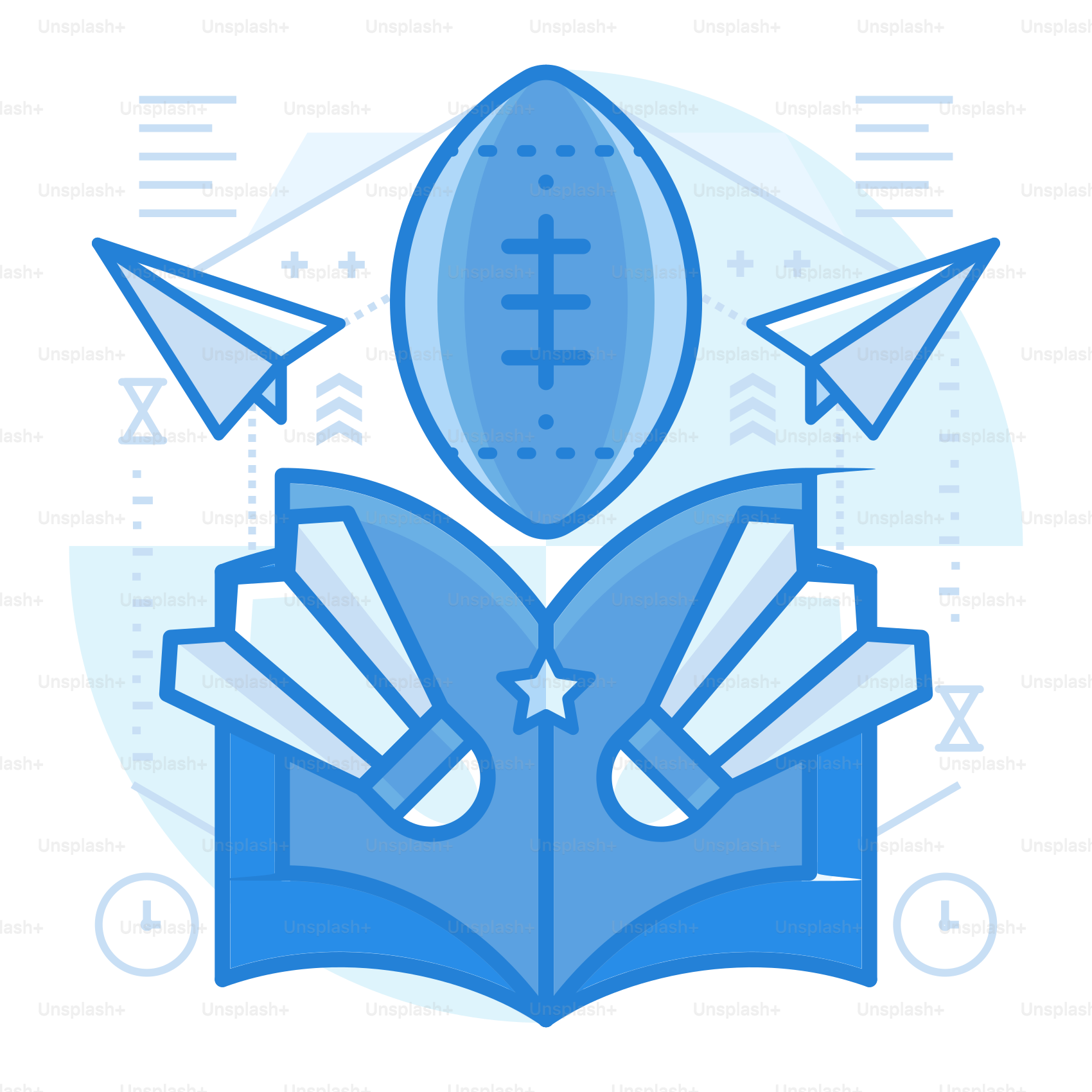 An open book with paper airplanes and a football