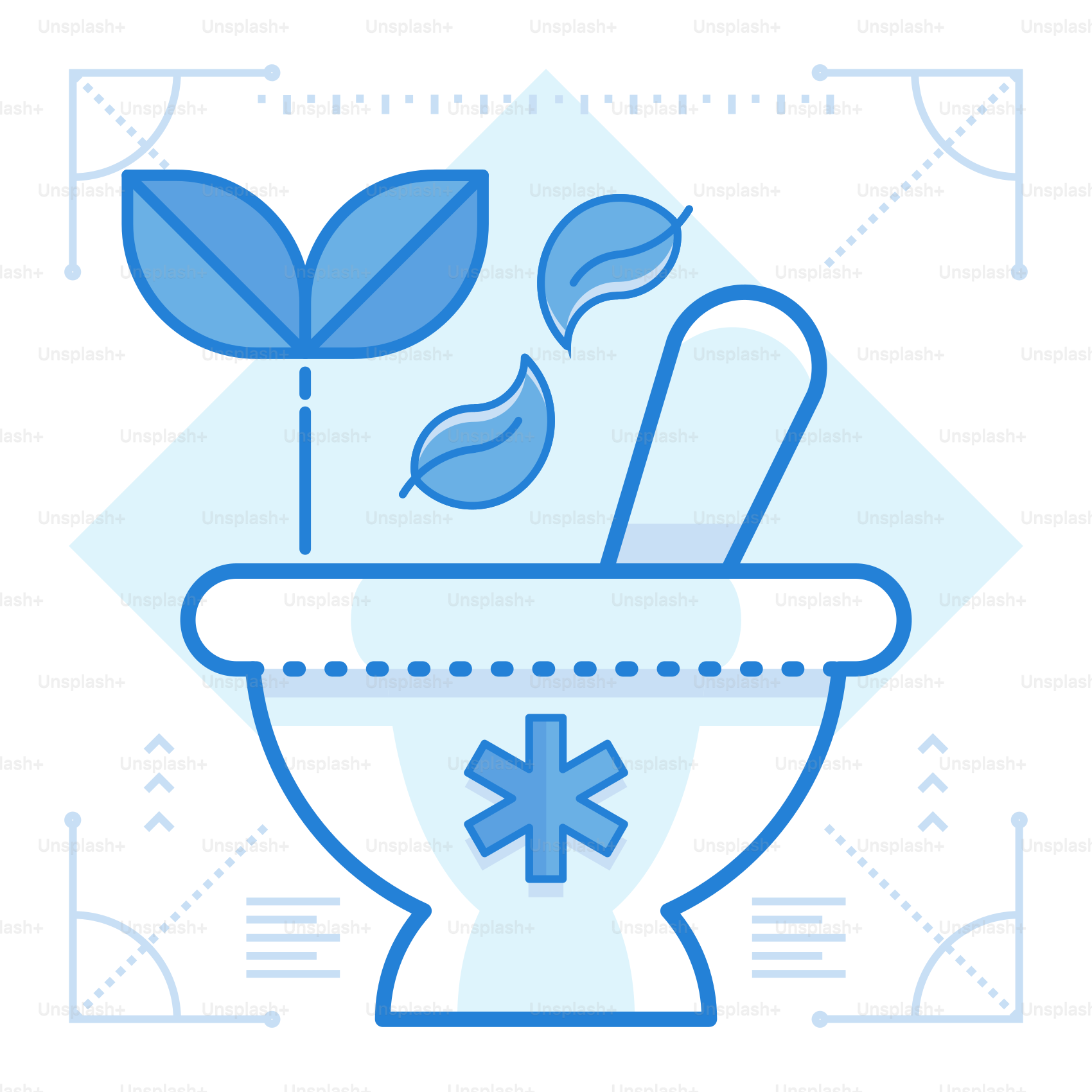 A blue and white illustration of a mortar bowl with a plant growing out of it