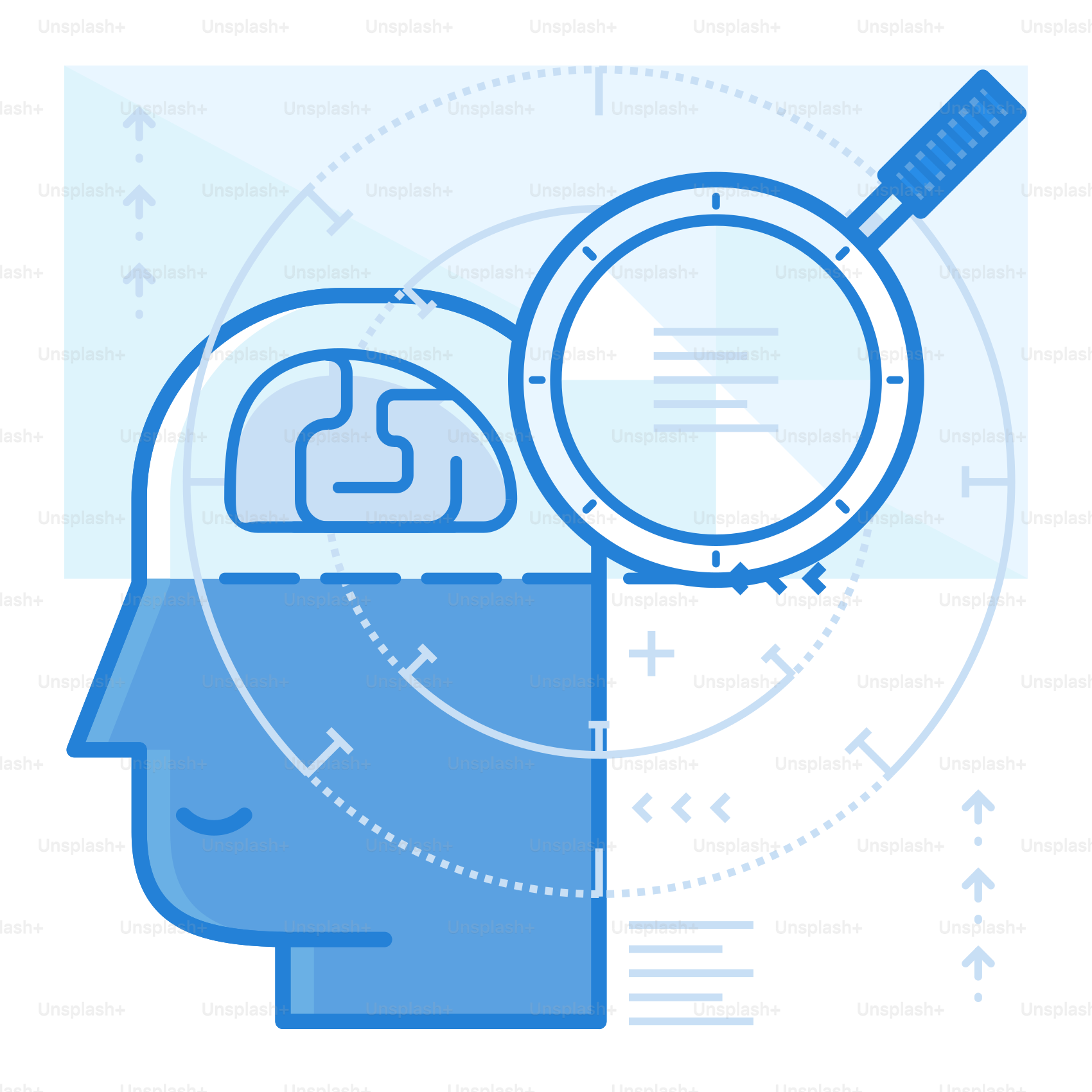 A man's head with a magnifying glass over it