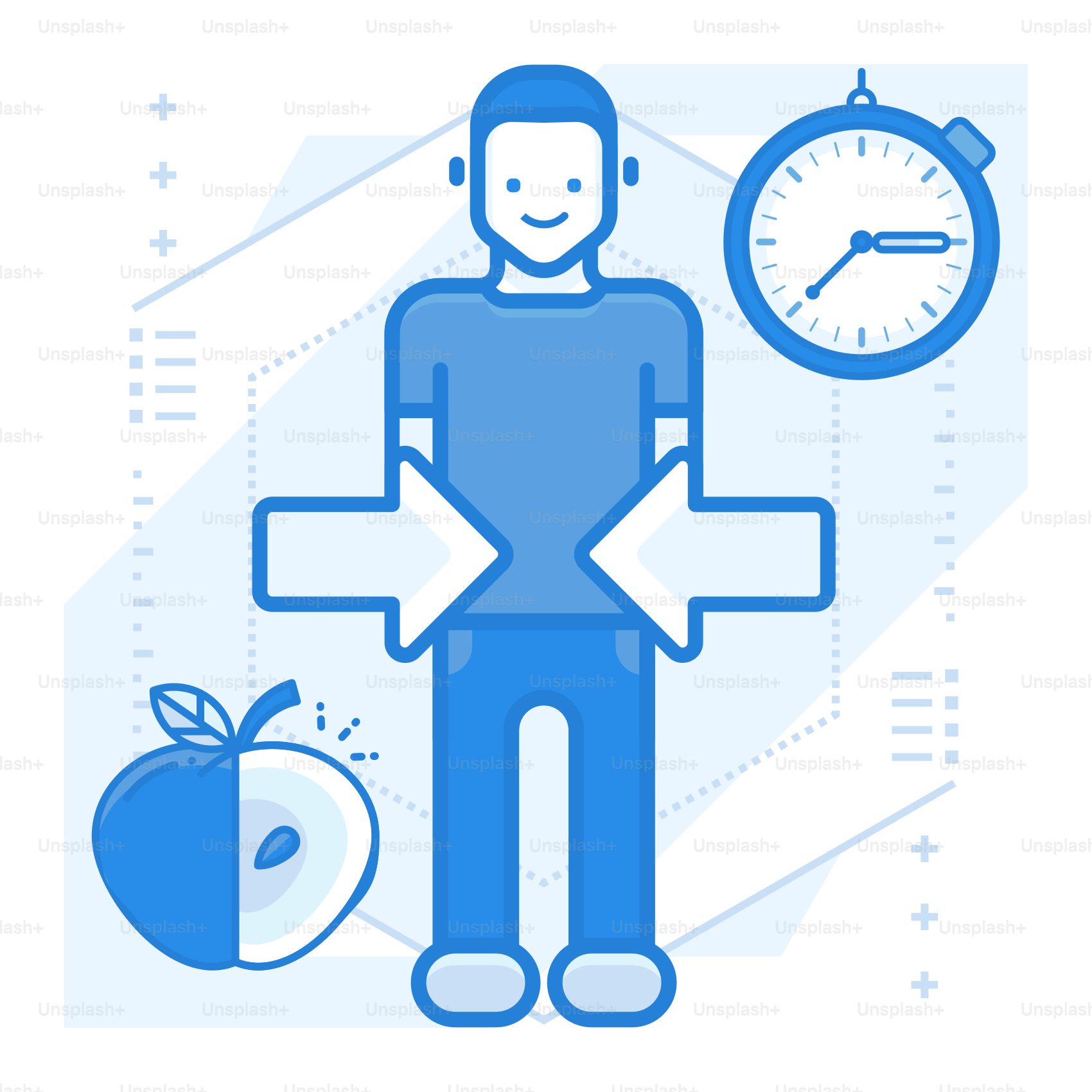 A man standing next to an apple and a clock