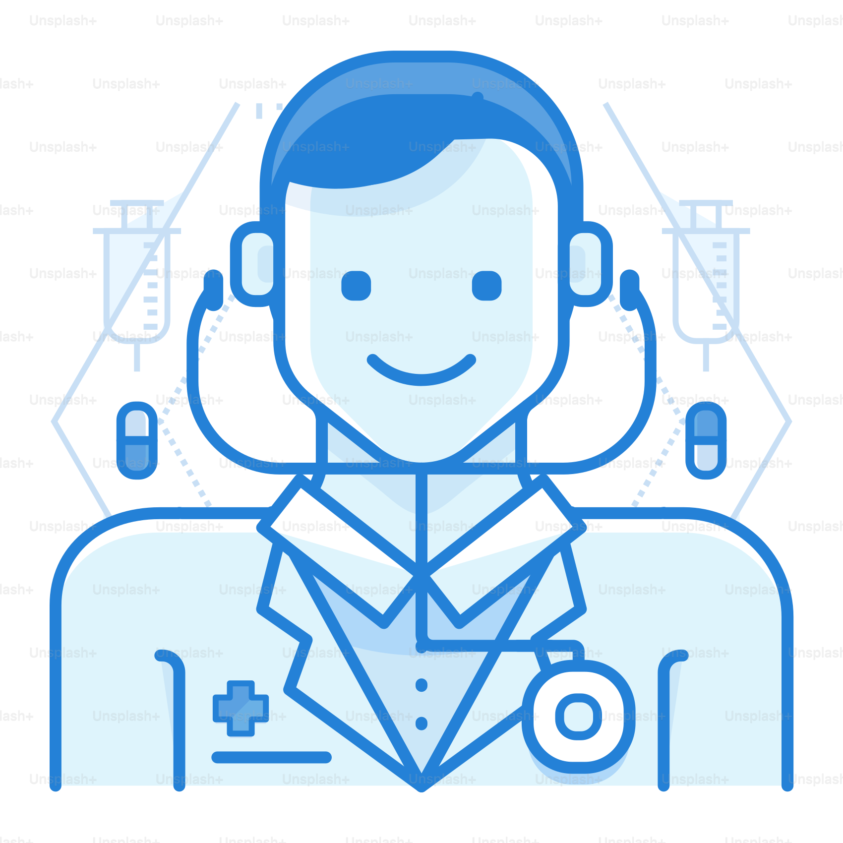 A man in a suit with a stethoscope on his head