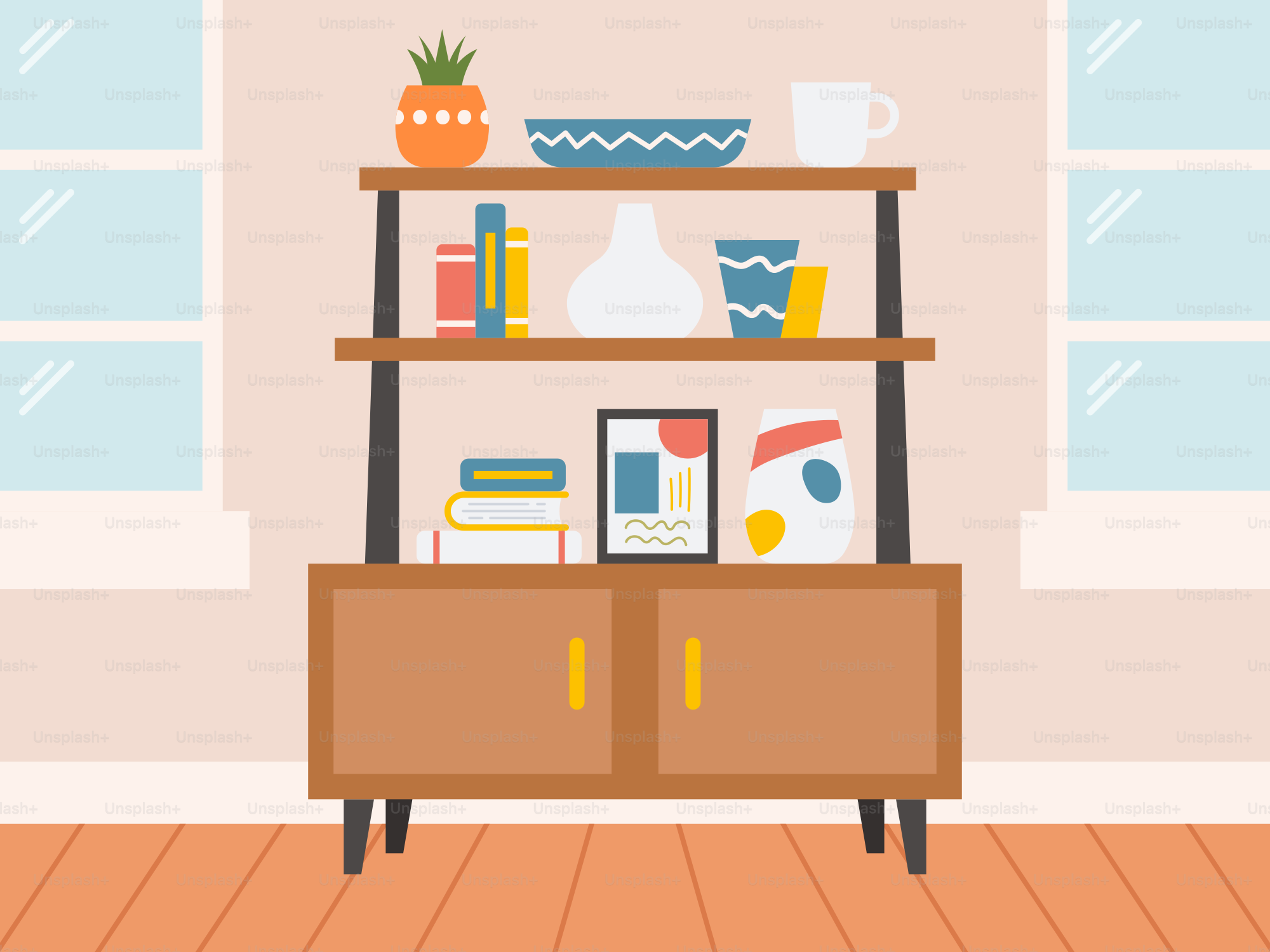 A living room with a book shelf and a window