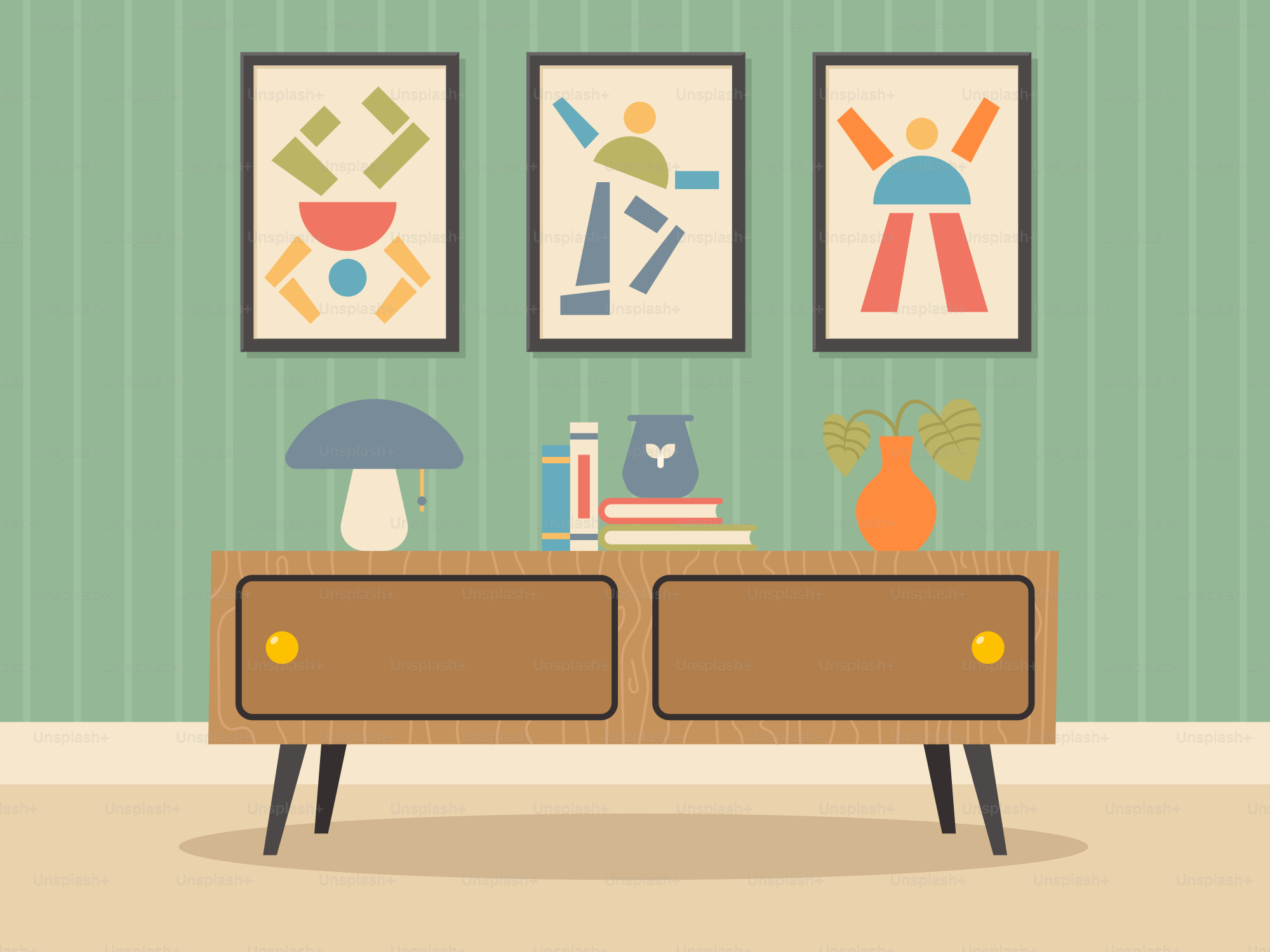 A living room with a table and pictures on the wall