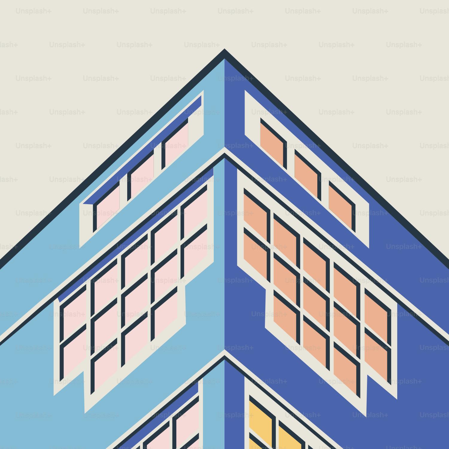 A blue building with windows on the top of it