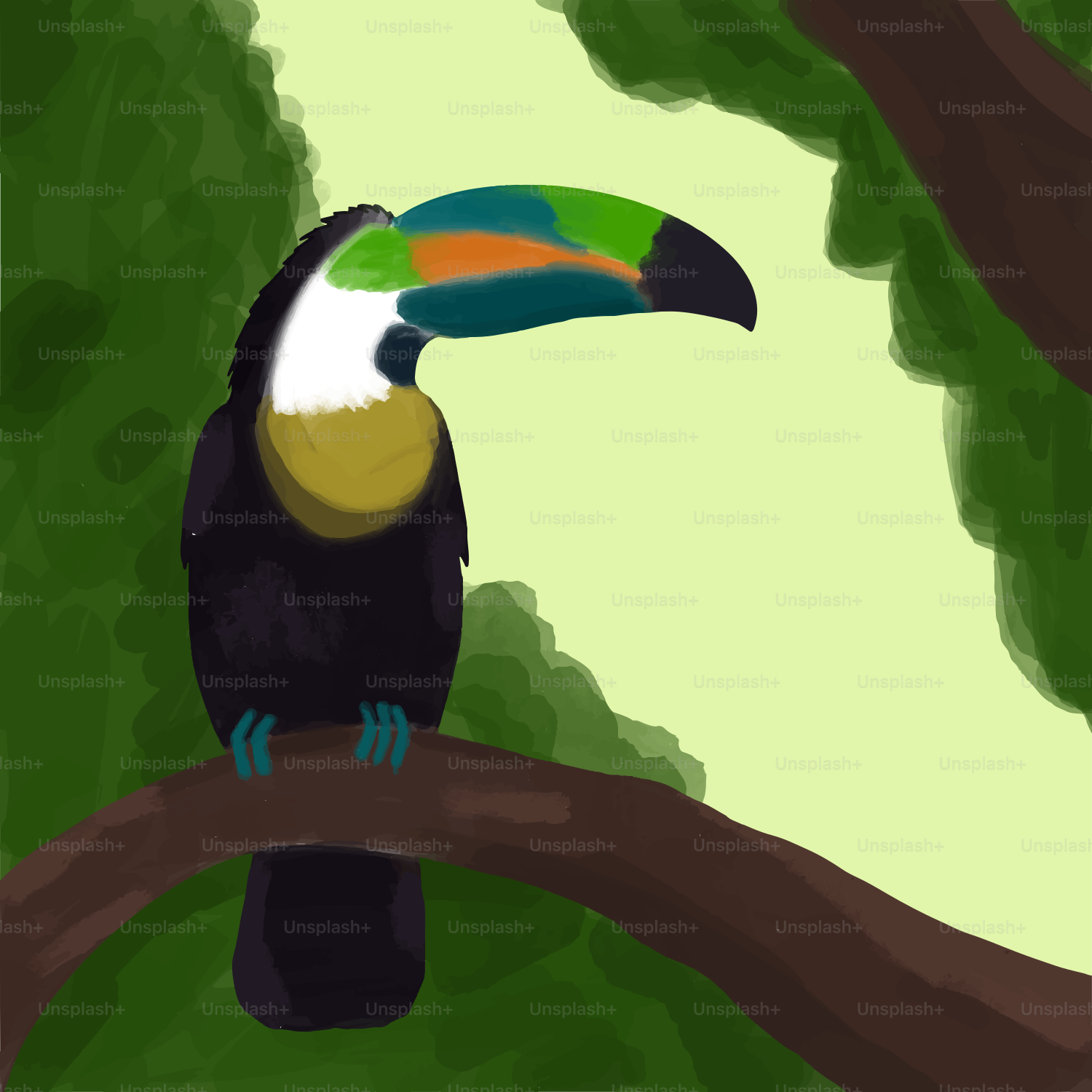 A colorful toucan sitting on a tree branch