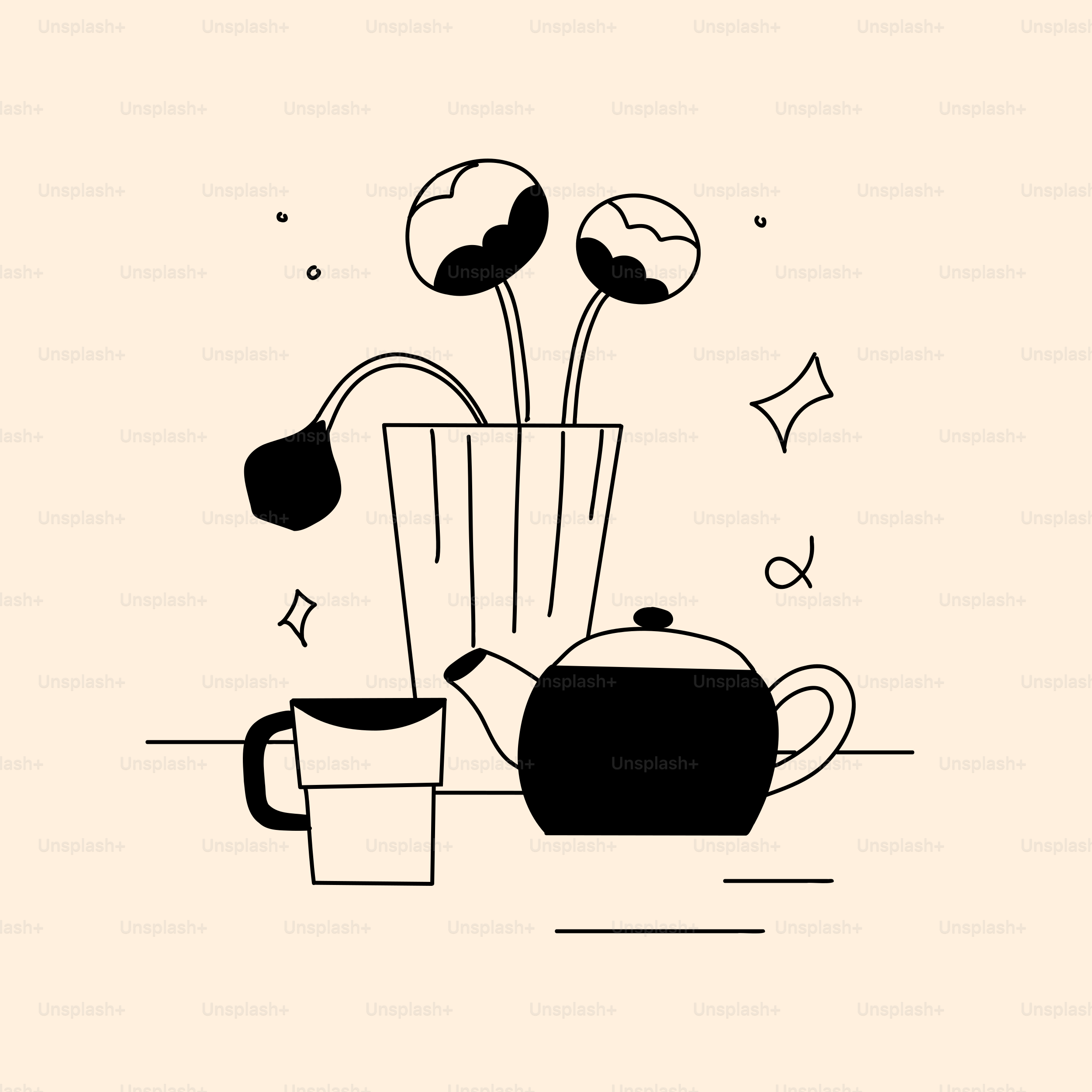 A black and white picture of a teapot and a cup