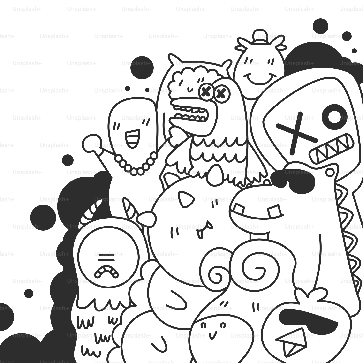 A black and white drawing of a bunch of monsters