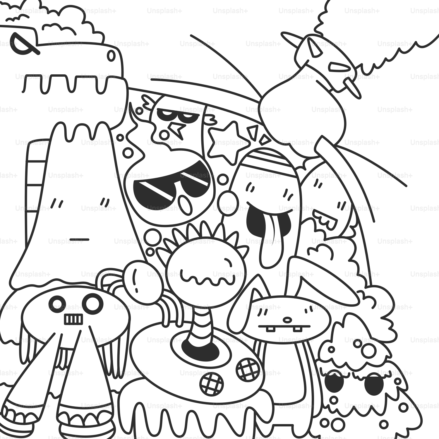 A black and white drawing of cartoon characters