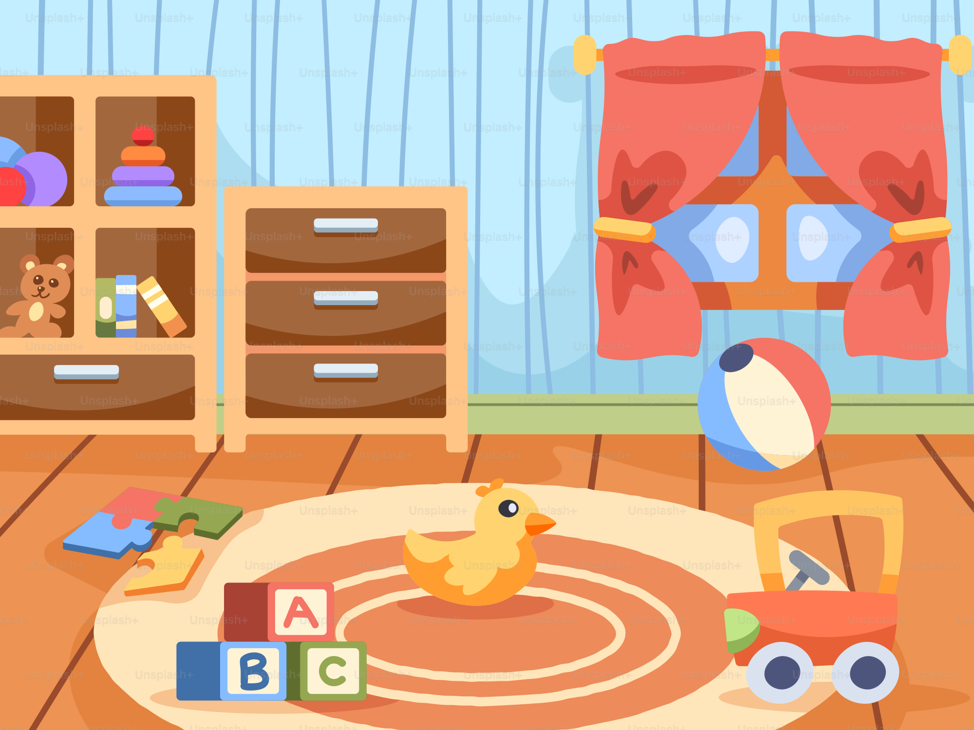 Ein Kinderzimmer mit Spielzeug und Spielzeug auf dem Boden