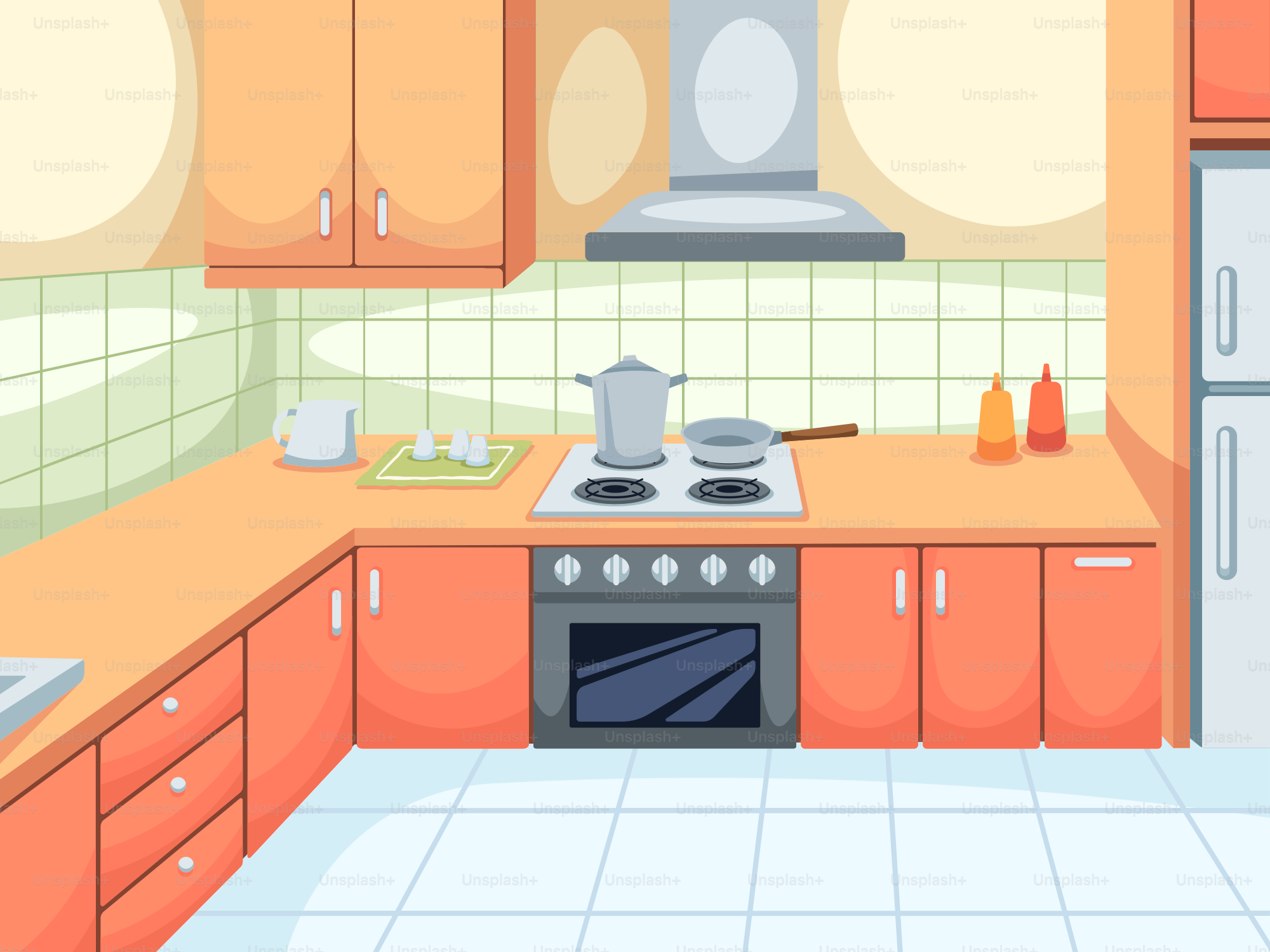 A kitchen with orange cabinets and a stove