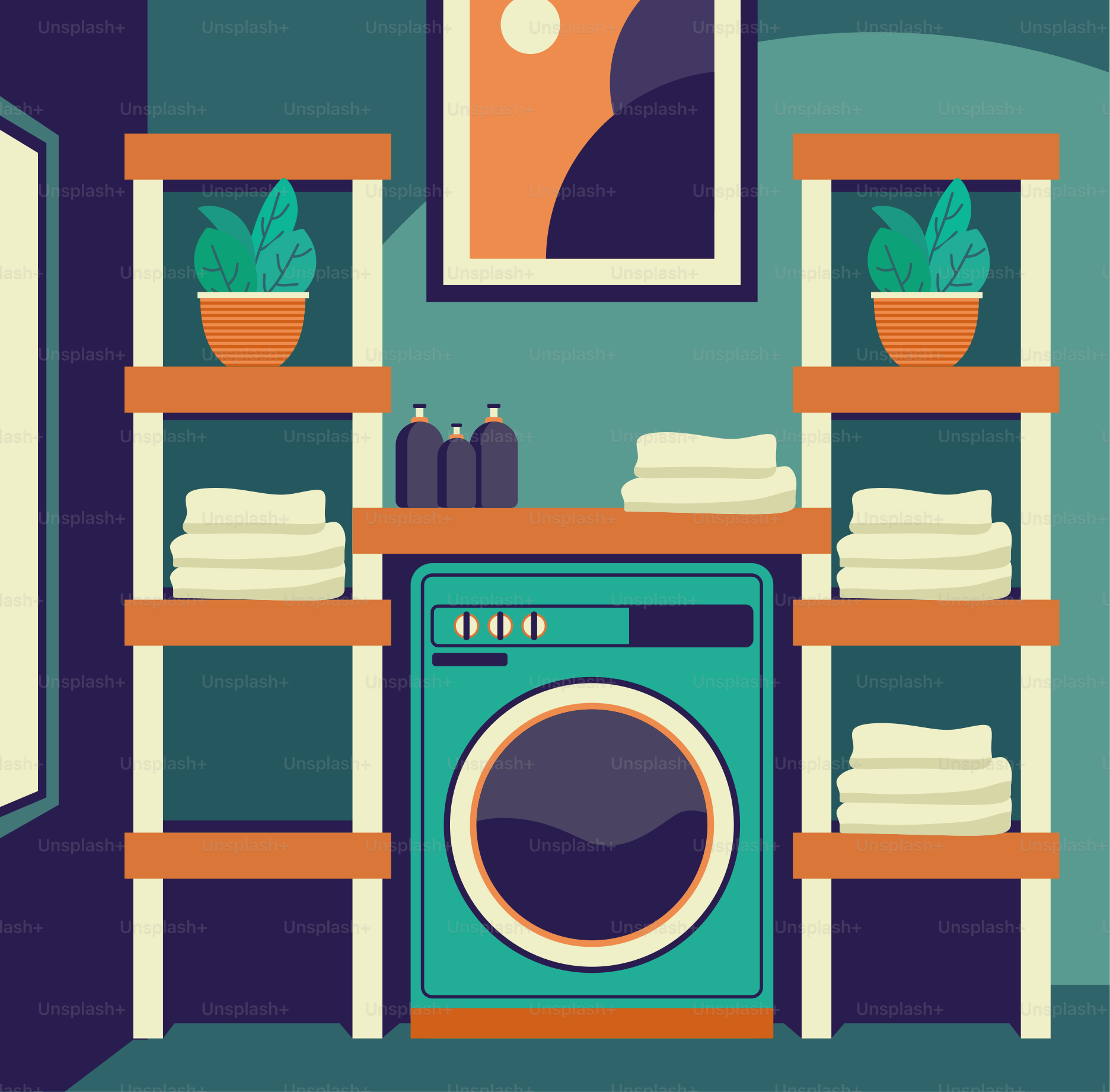 Ein Zimmer mit einer Waschmaschine und einem Regal mit Handtüchern