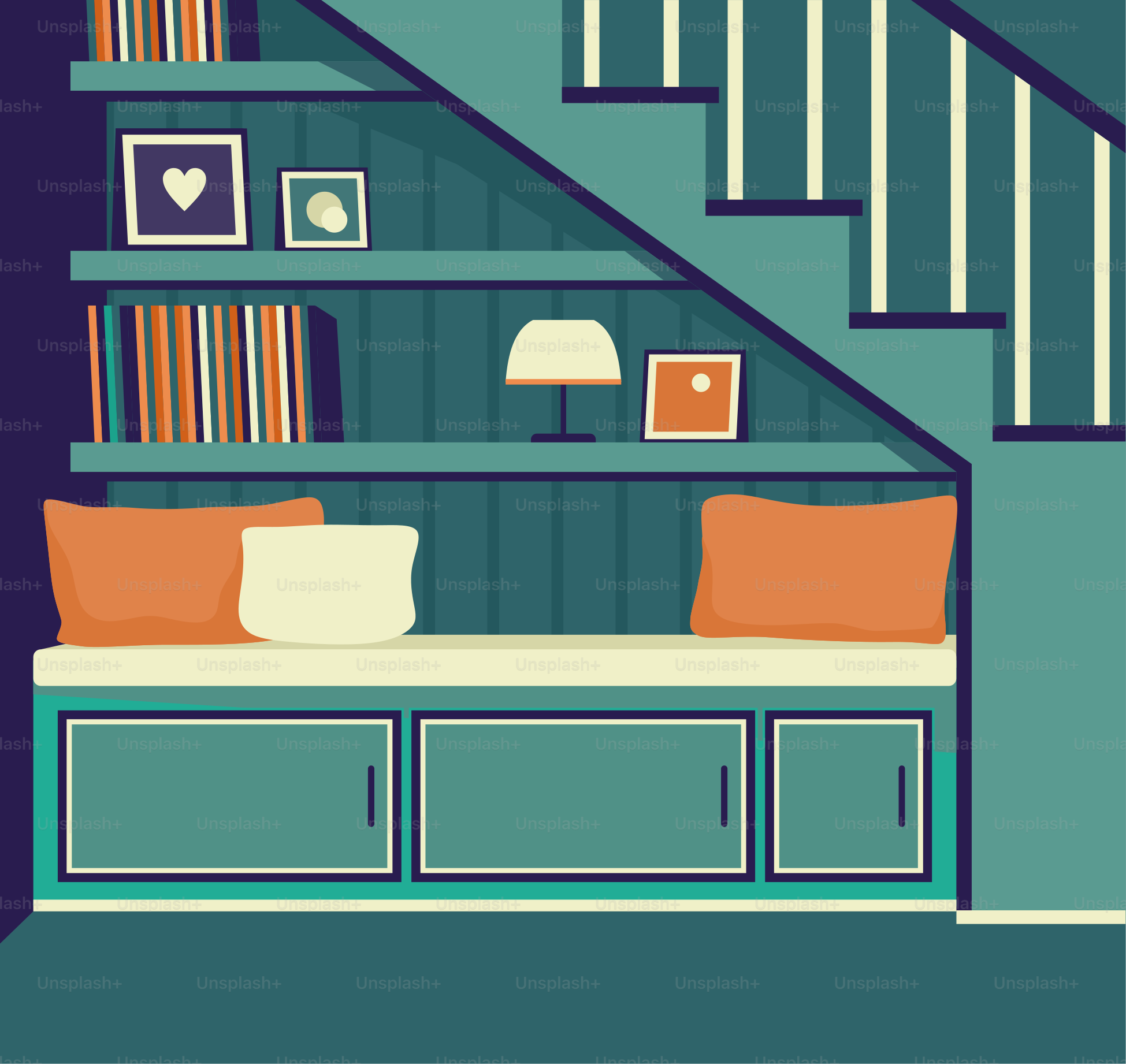 A living room with a couch and a book shelf