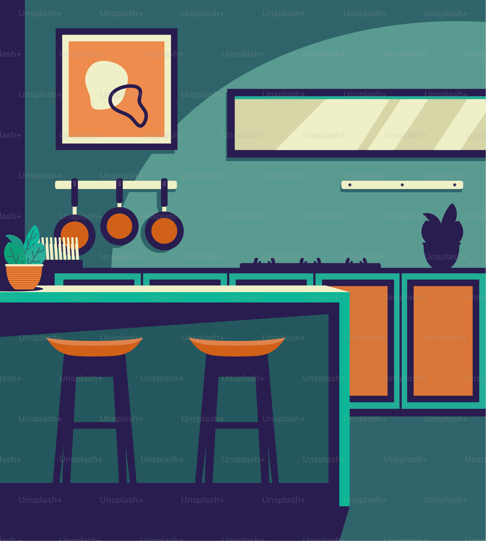 A kitchen with a counter, stools, pots and pans