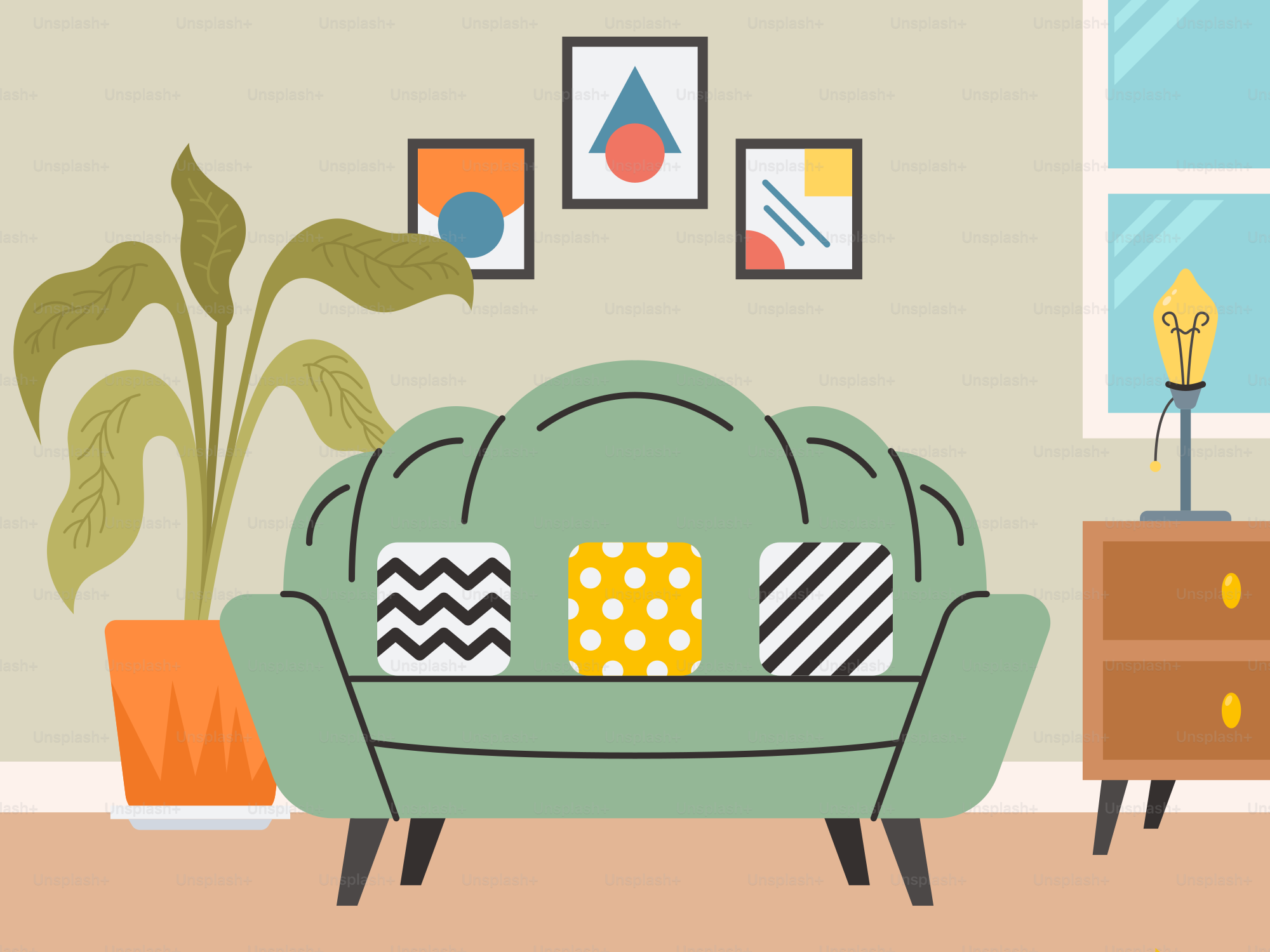 A living room with a couch and a table