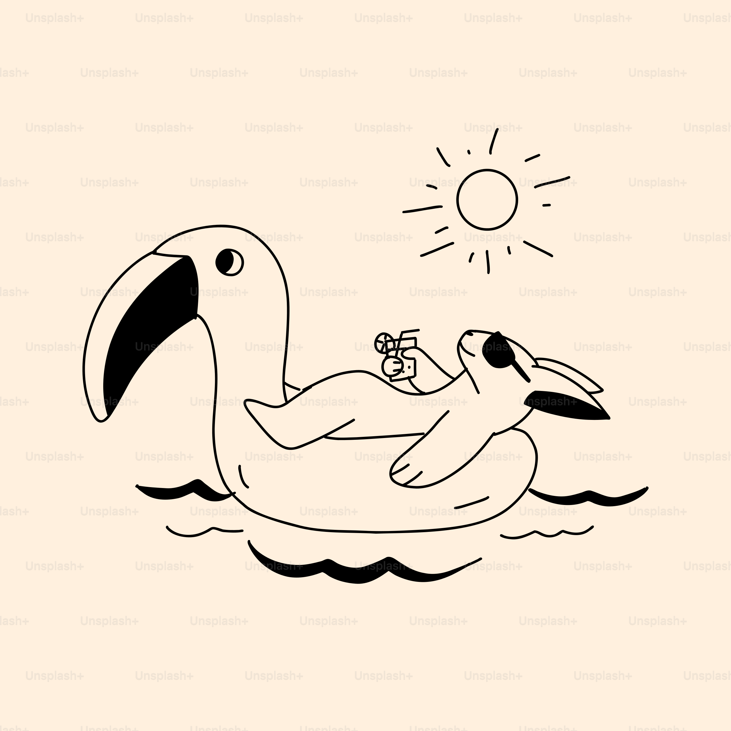 A black and white drawing of a bird floating in the water