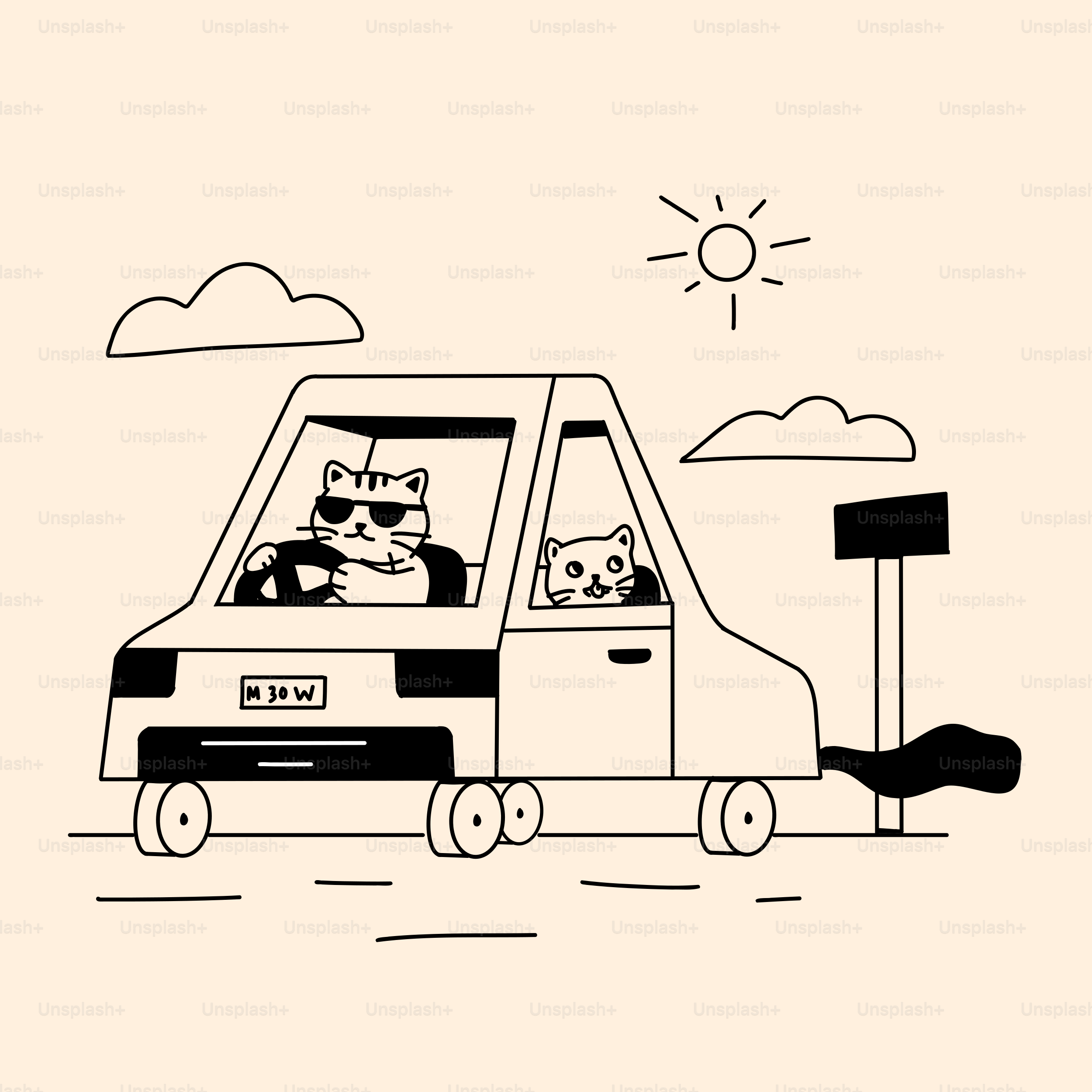 A drawing of a cat driving a car