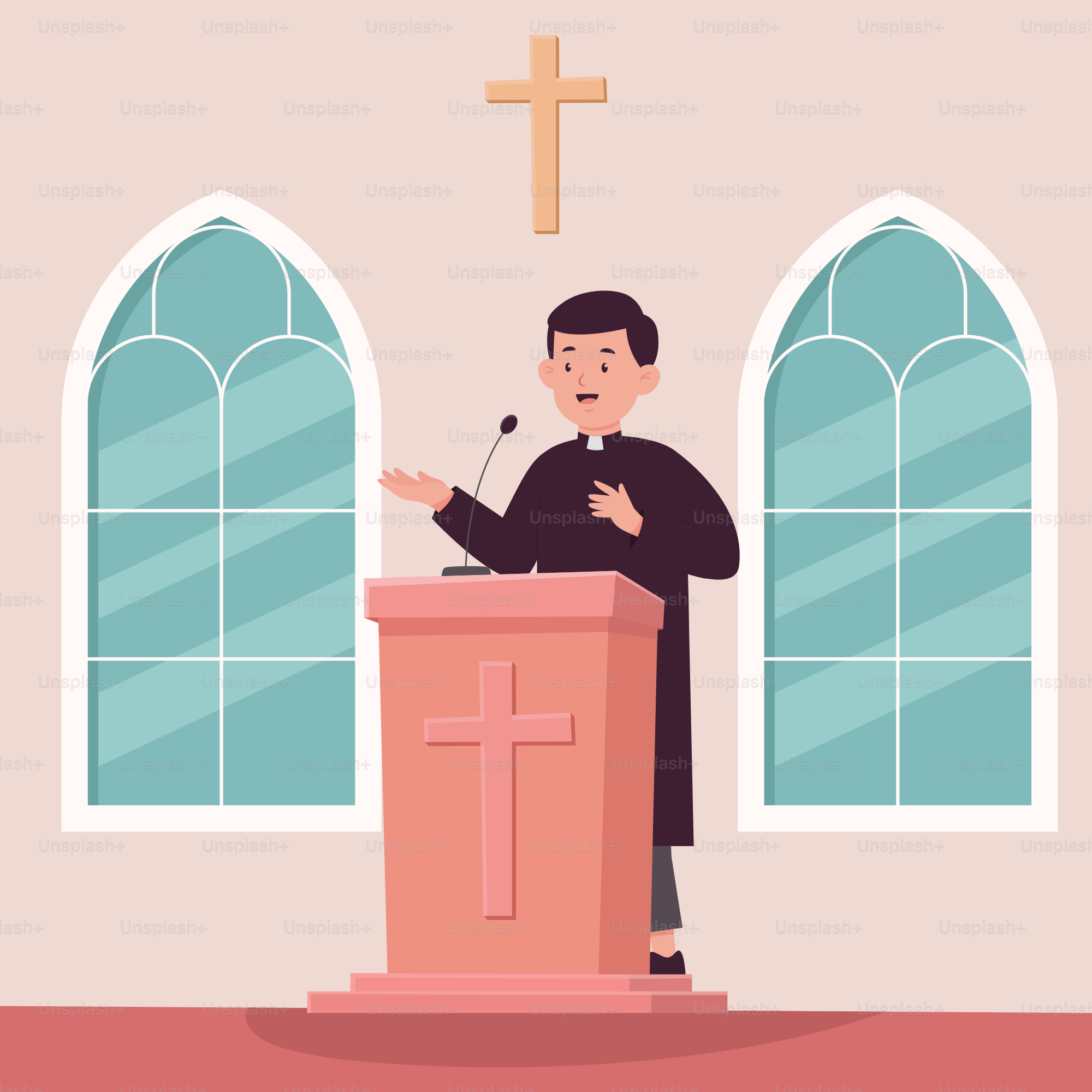 A man standing at a podium in front of a church
