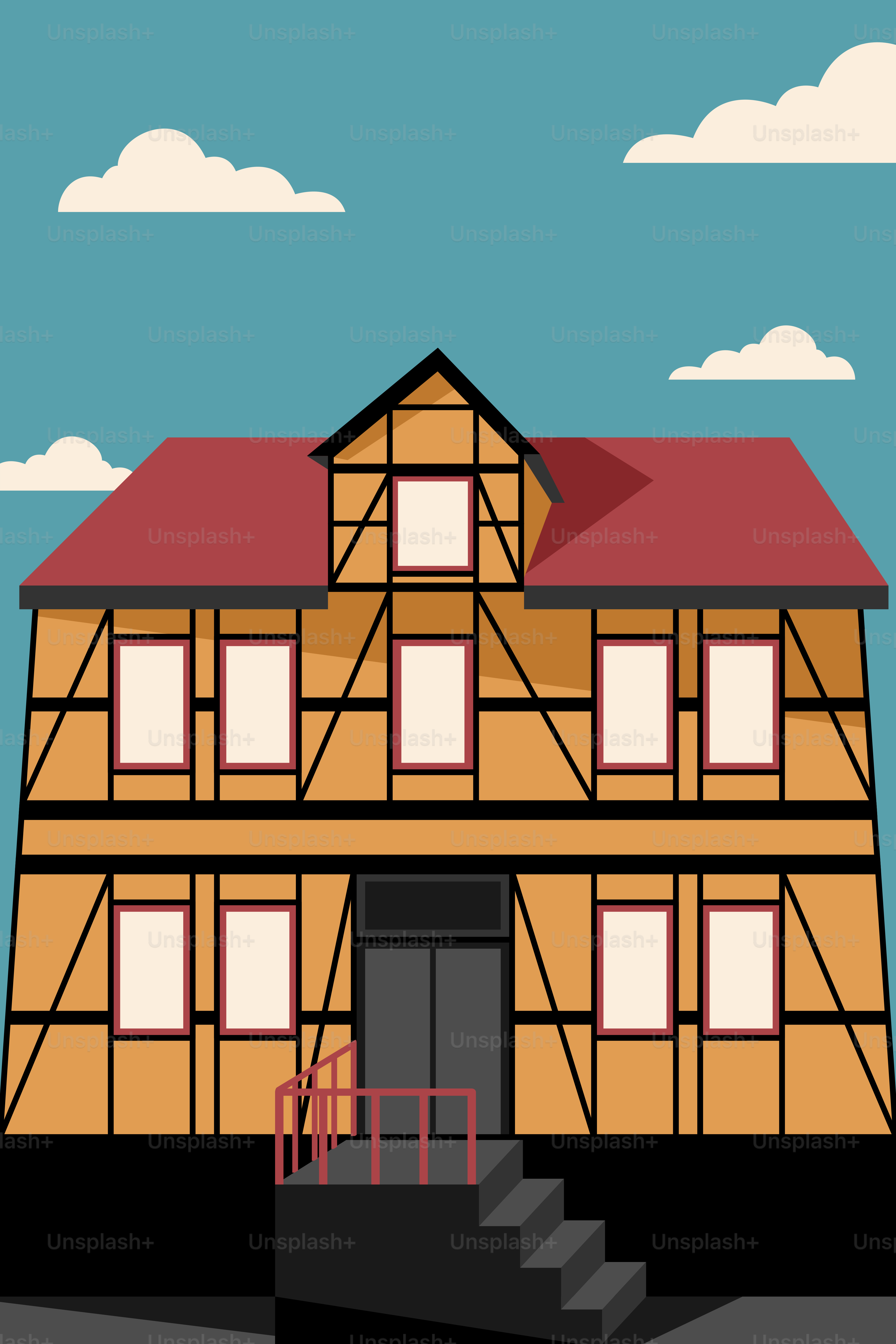 A building with a red roof and stairs