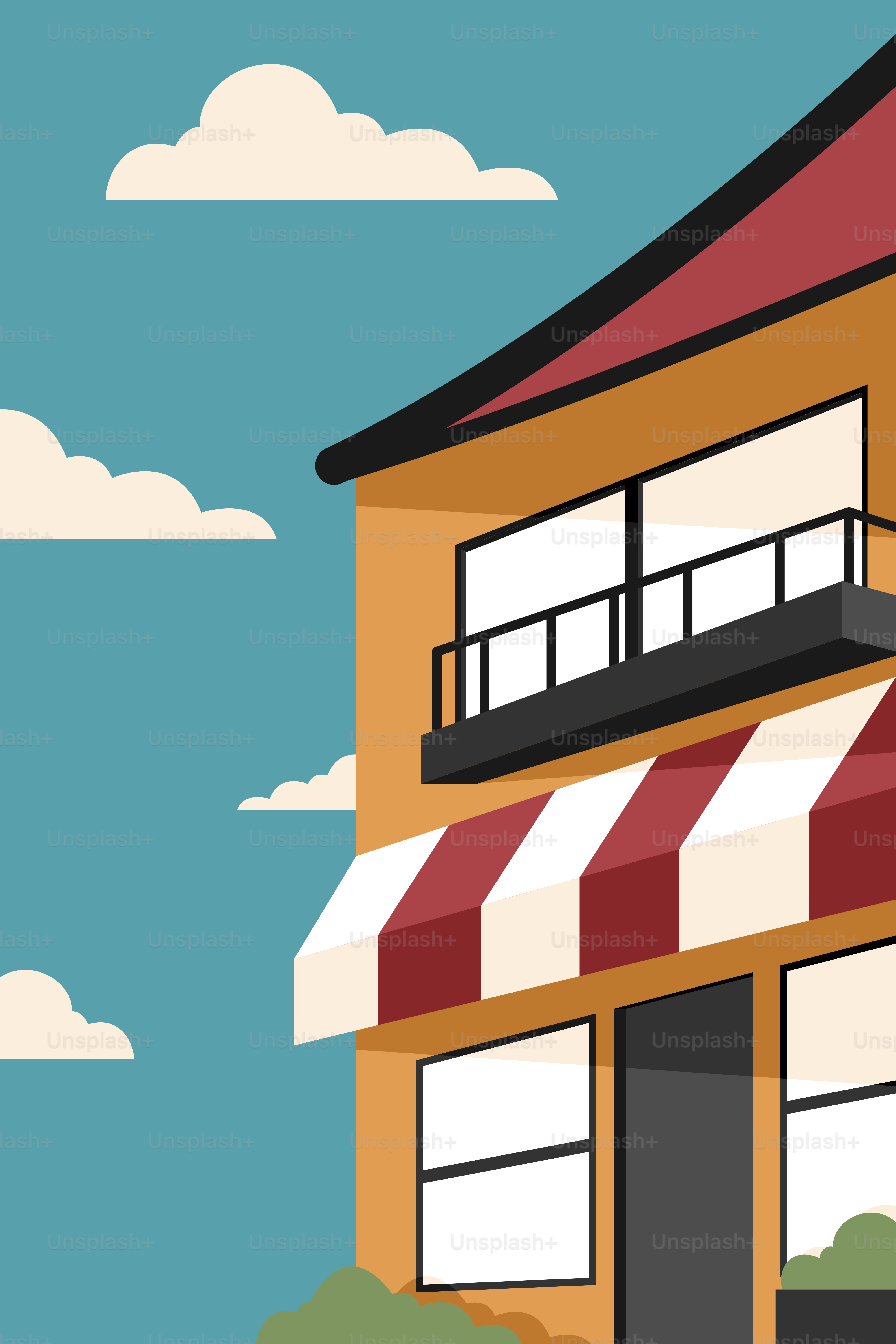 Un bâtiment avec un auvent rayé rouge et blanc