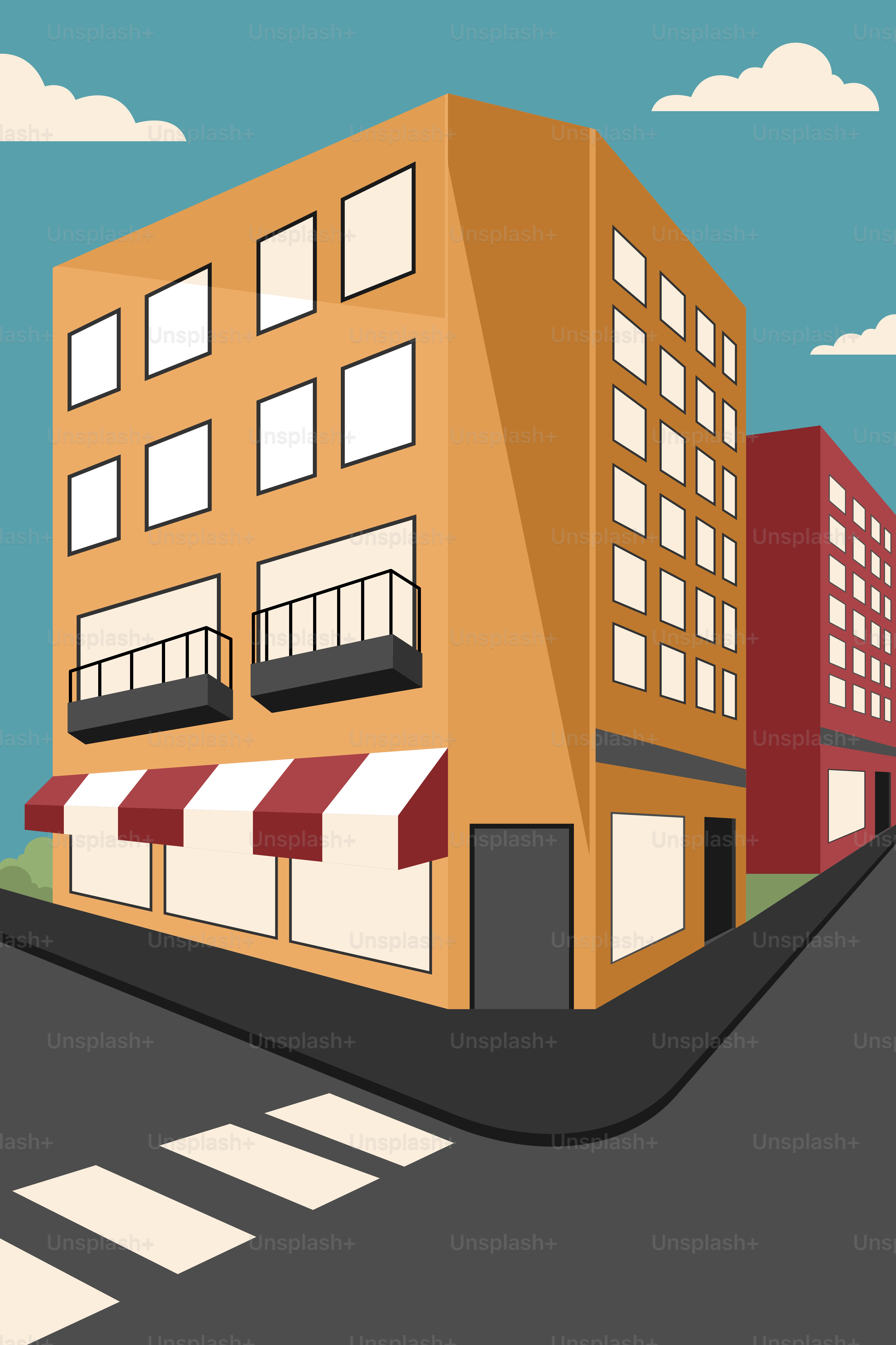 Un bâtiment avec des auvents sur une rue de la ville