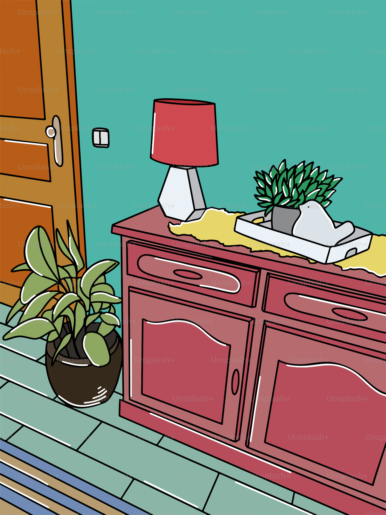 A room with a red cabinet and a red lamp