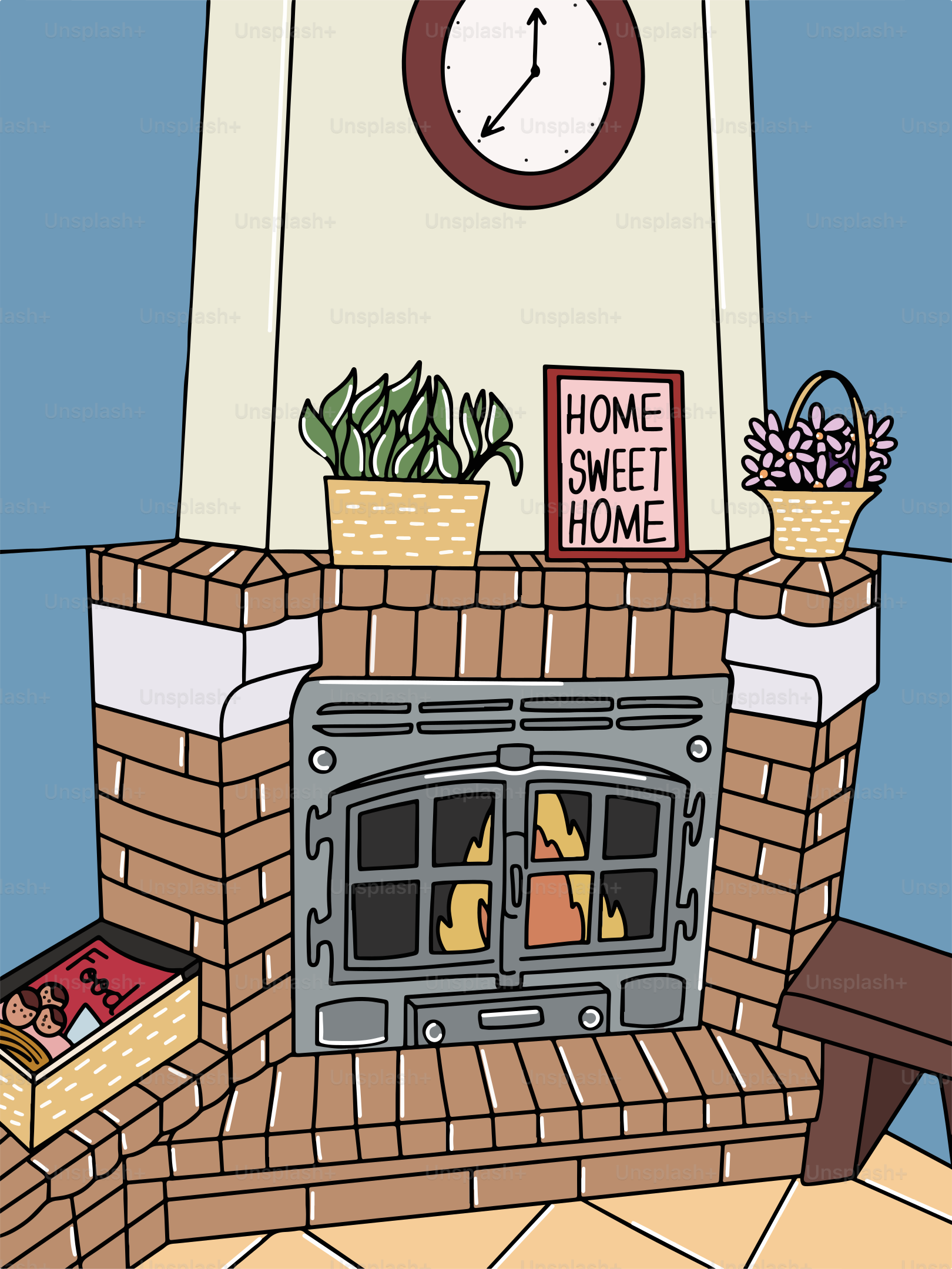 A drawing of a fireplace with a clock above it