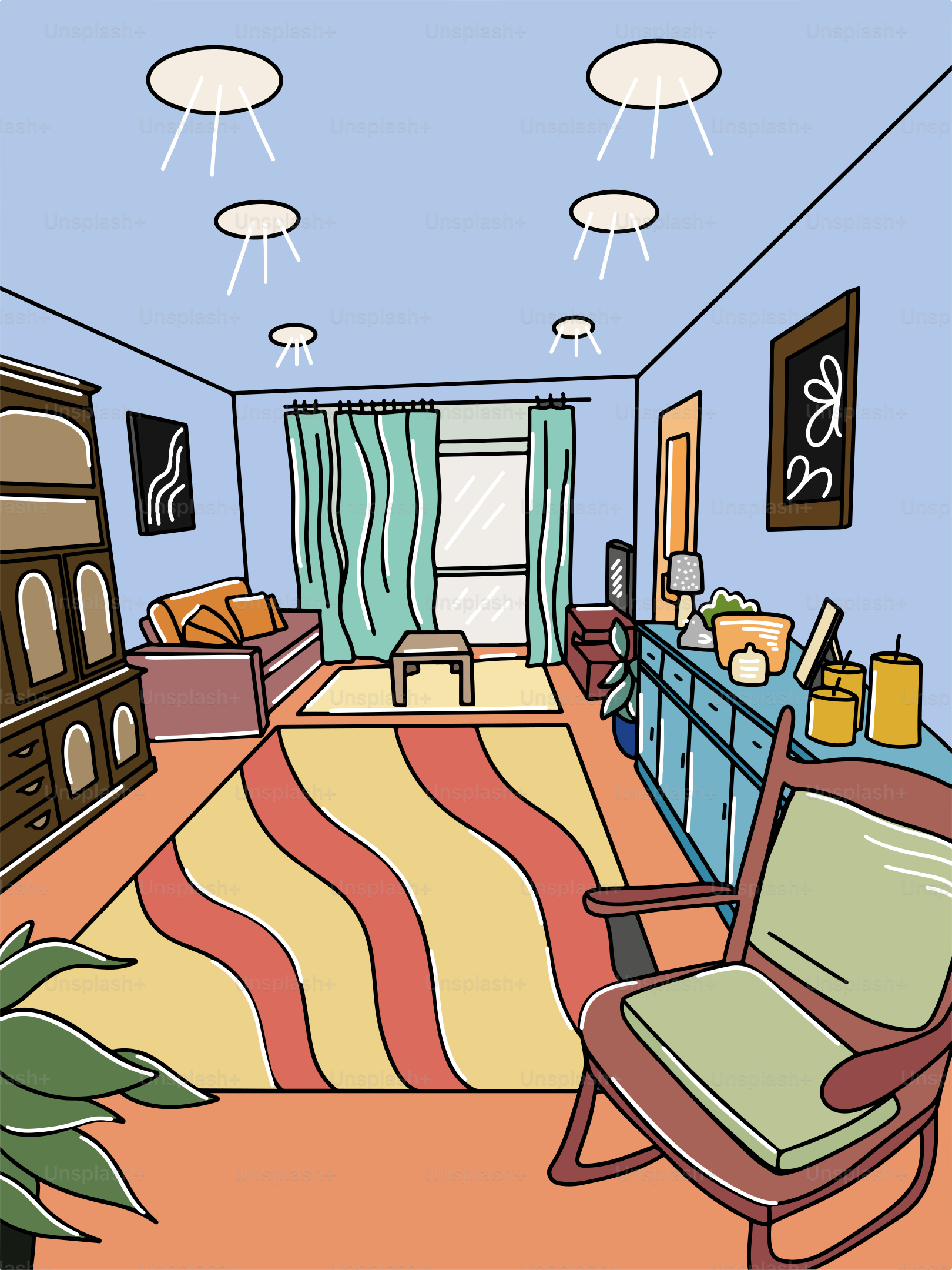 Un disegno di un soggiorno pieno di mobili
