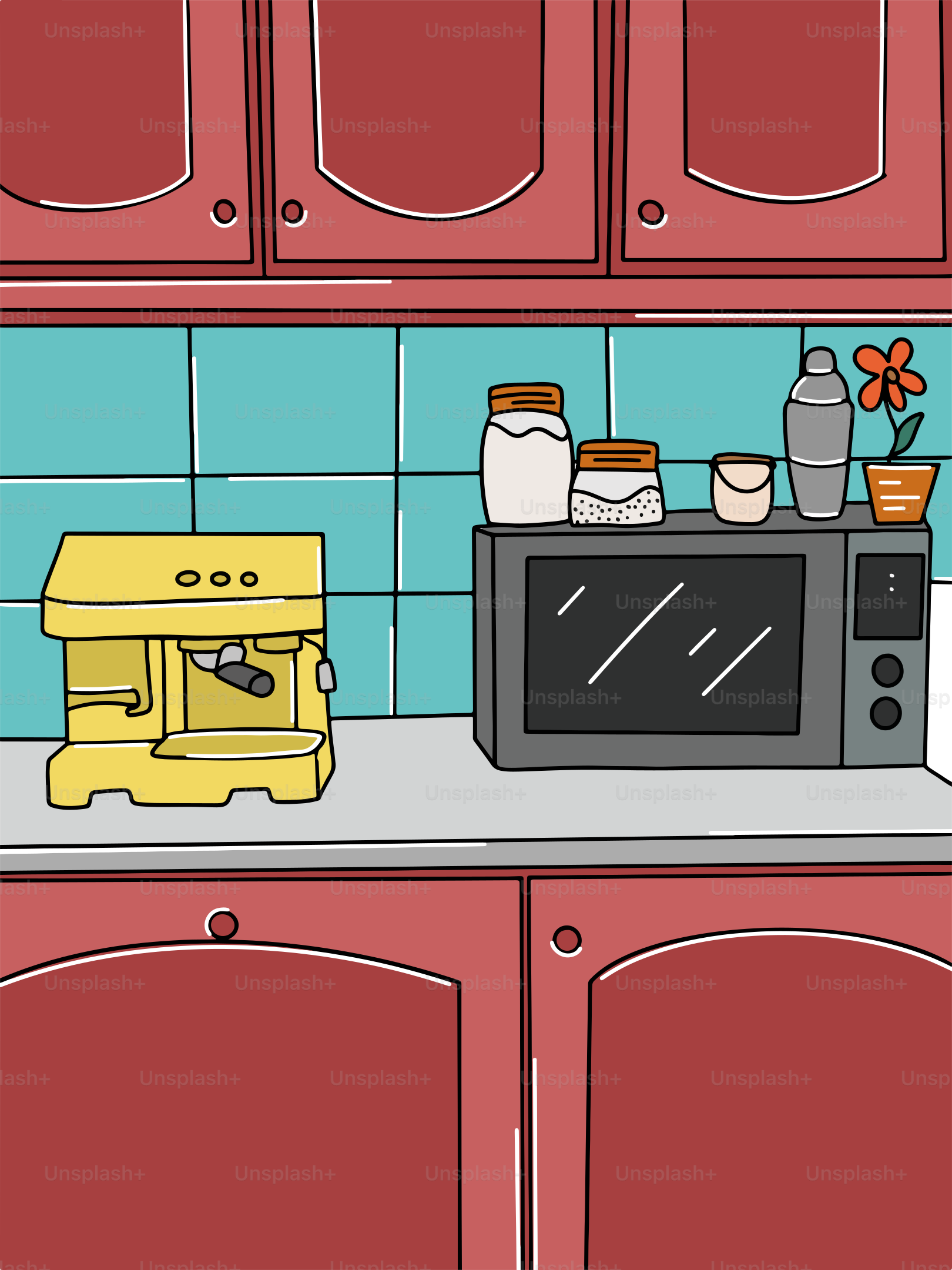 A kitchen with red cabinets and a microwave