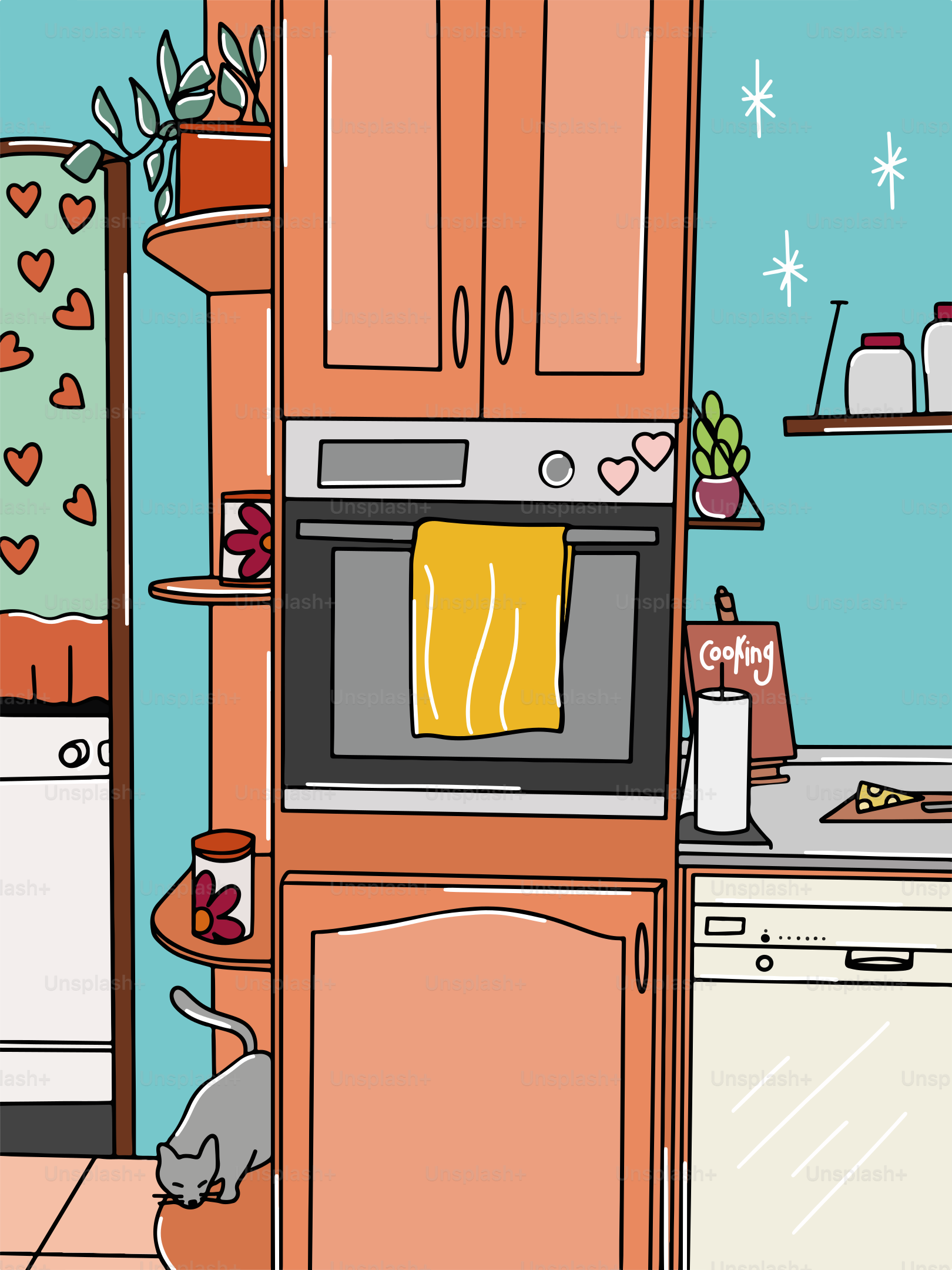 A drawing of a kitchen with a stove and refrigerator