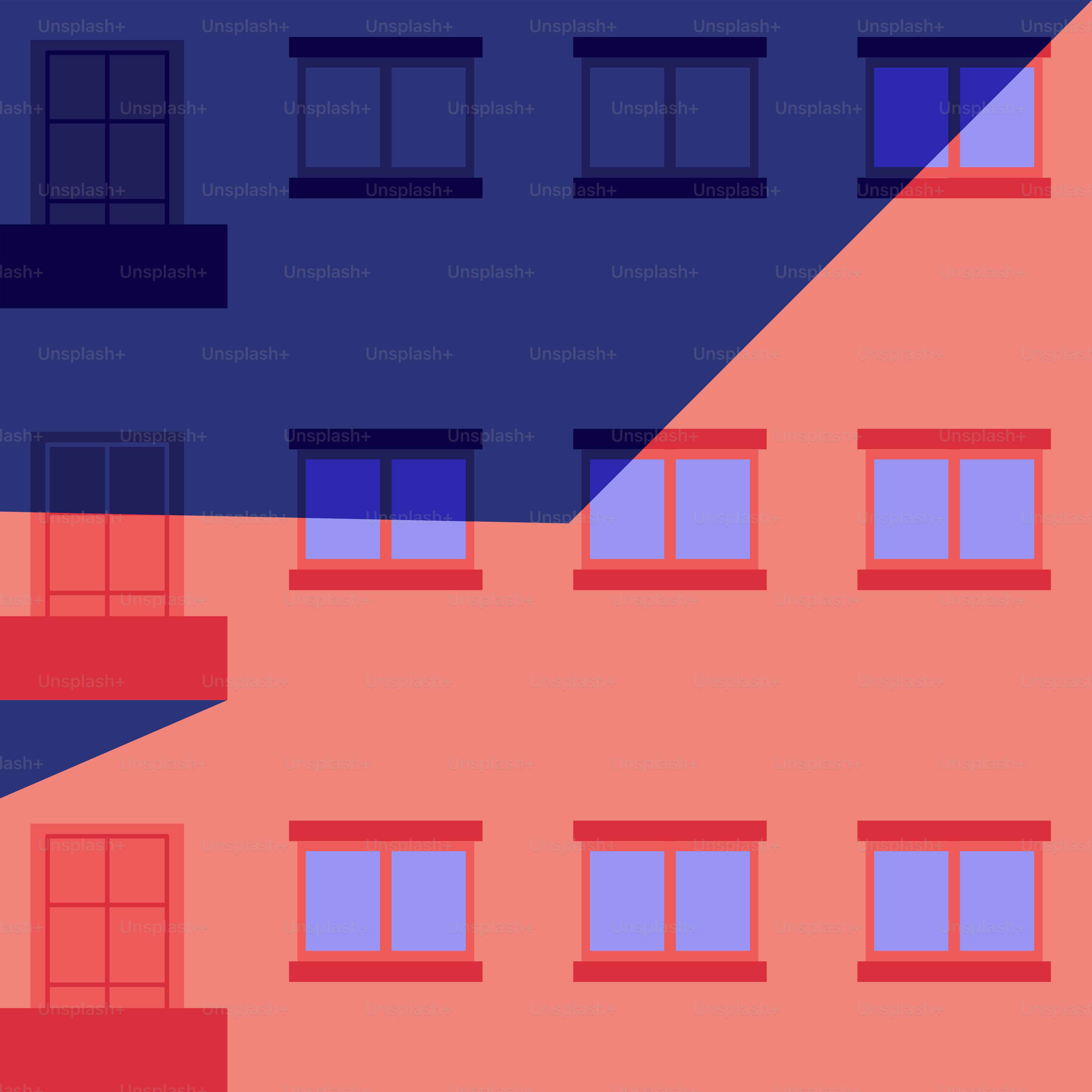 A red building with windows and a blue building