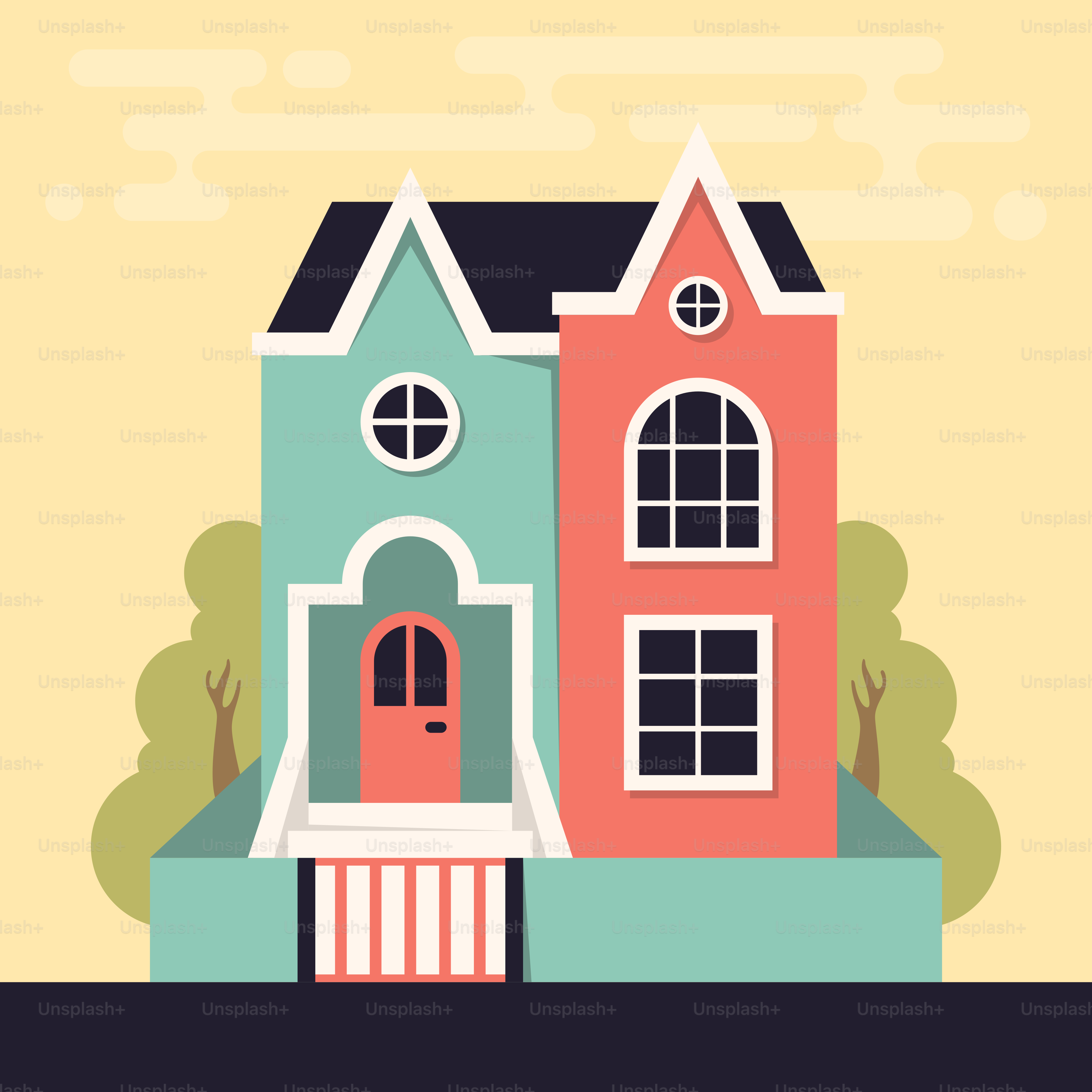 Une maison colorée entourée d’arbres et de buissons
