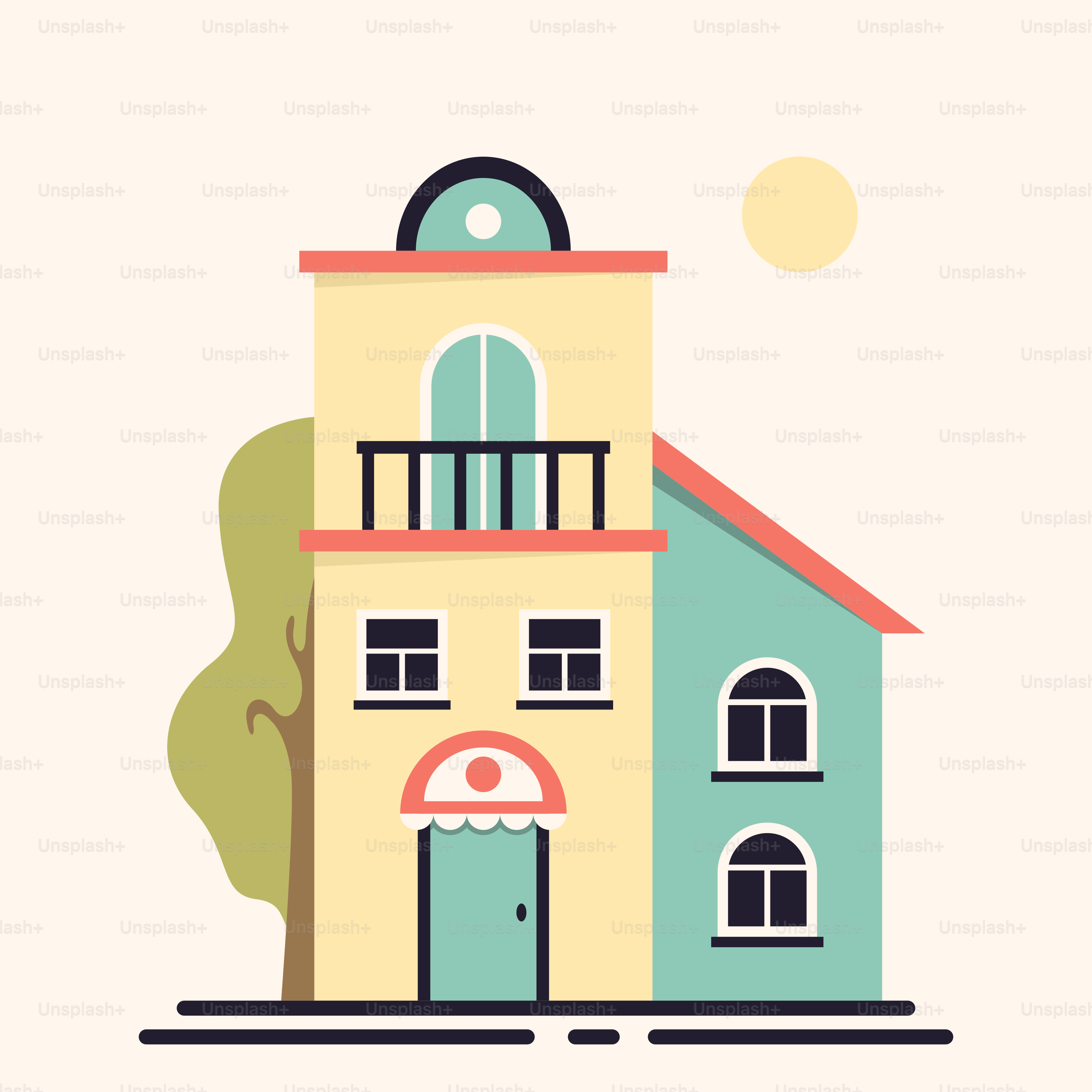 Une maison avec un arbre et un panneau indiquant « la maison est à vendre »