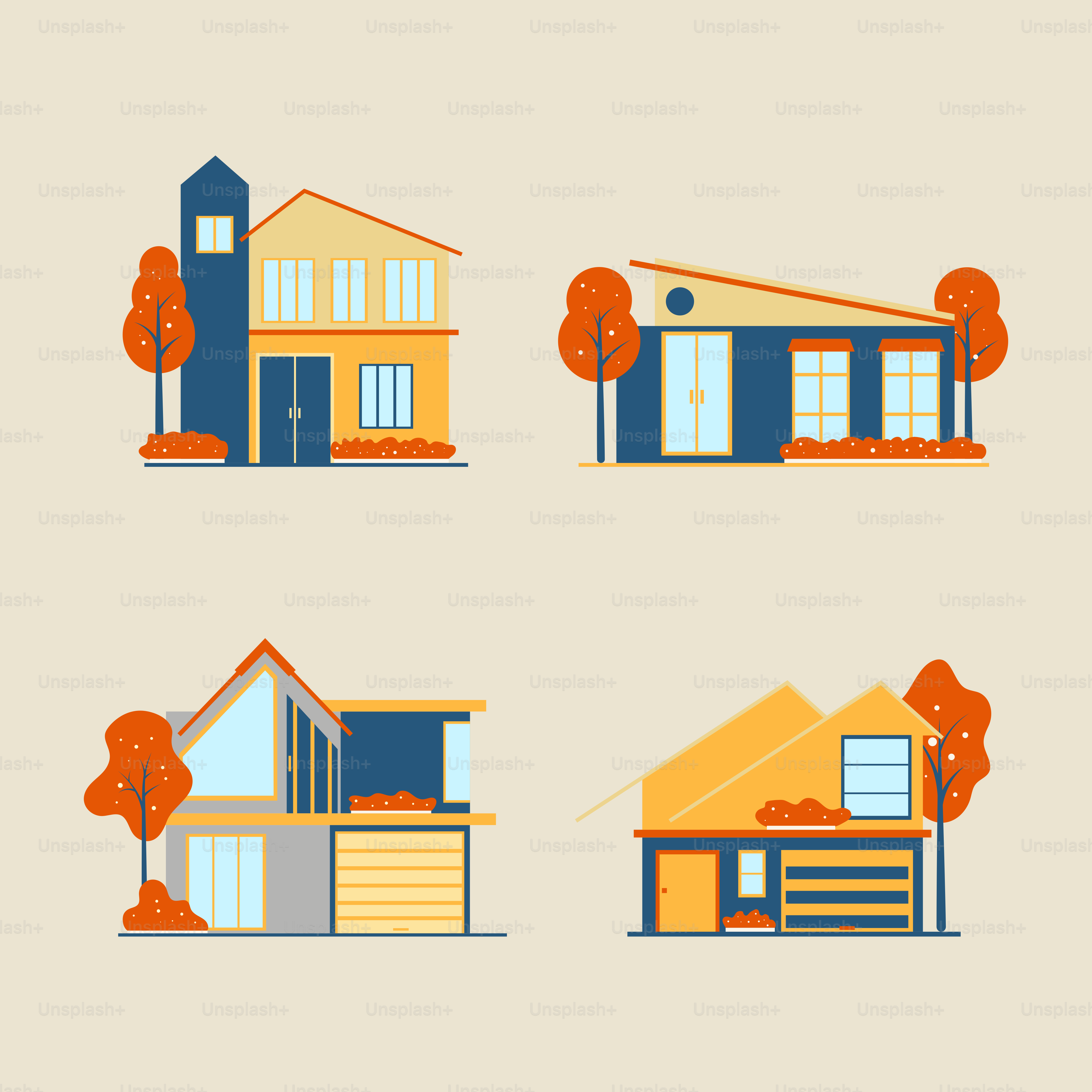 Vier verschiedene Arten von Häusern mit Bäumen und Sträuchern