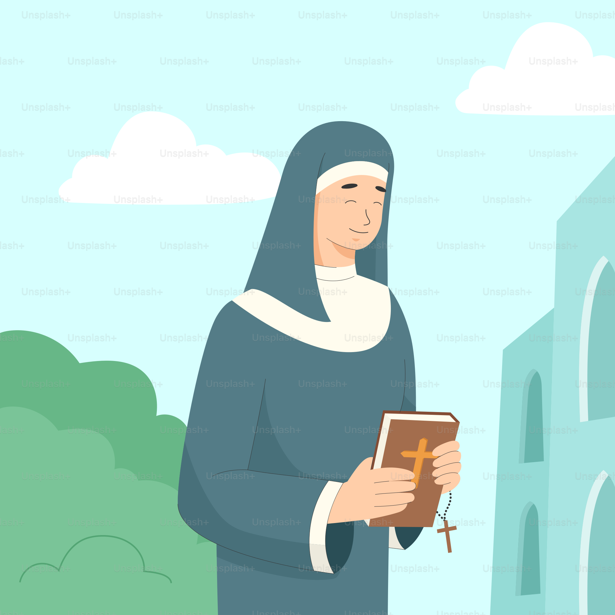 A woman in a nun outfit holding a book