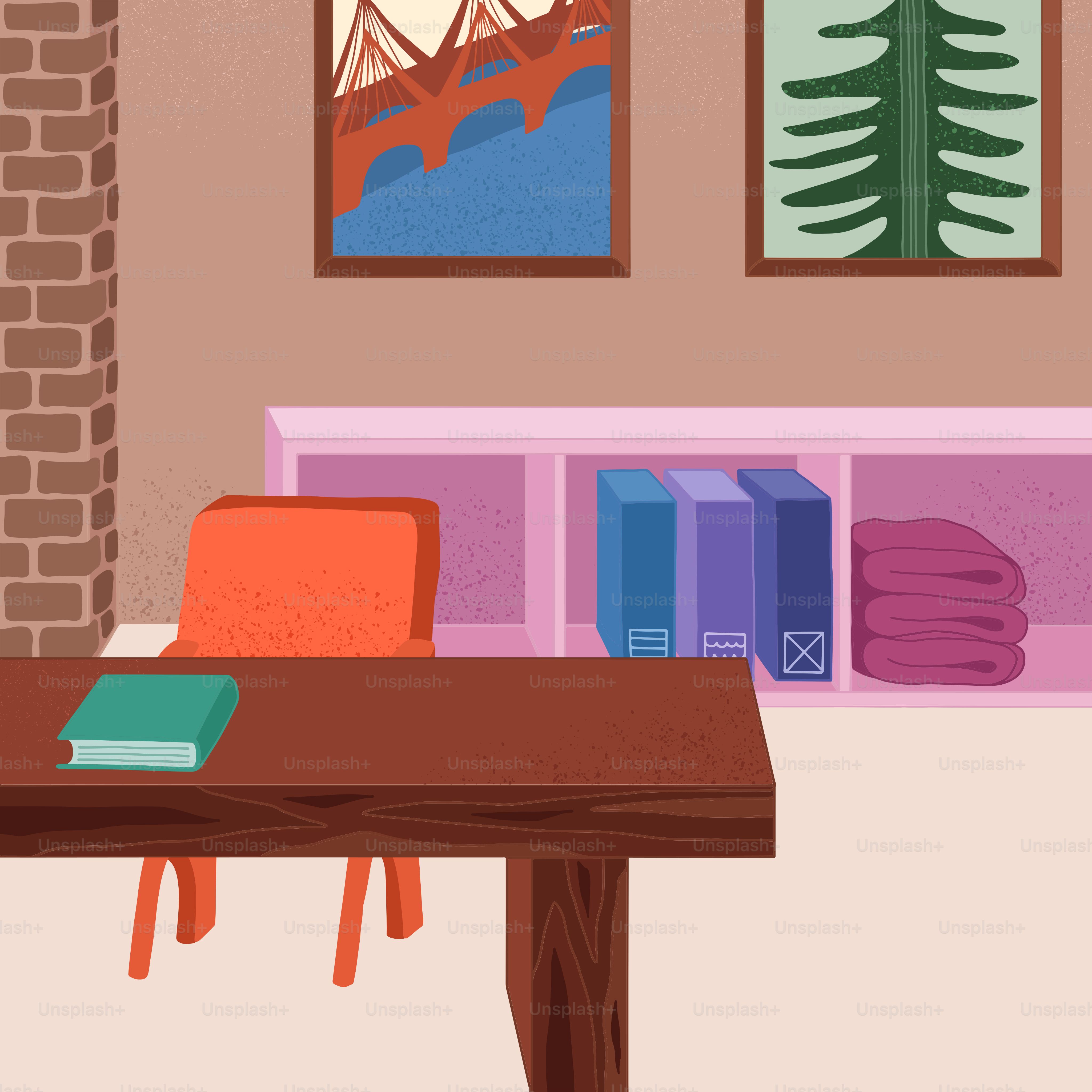 A room with a table, books, and pictures on the wall